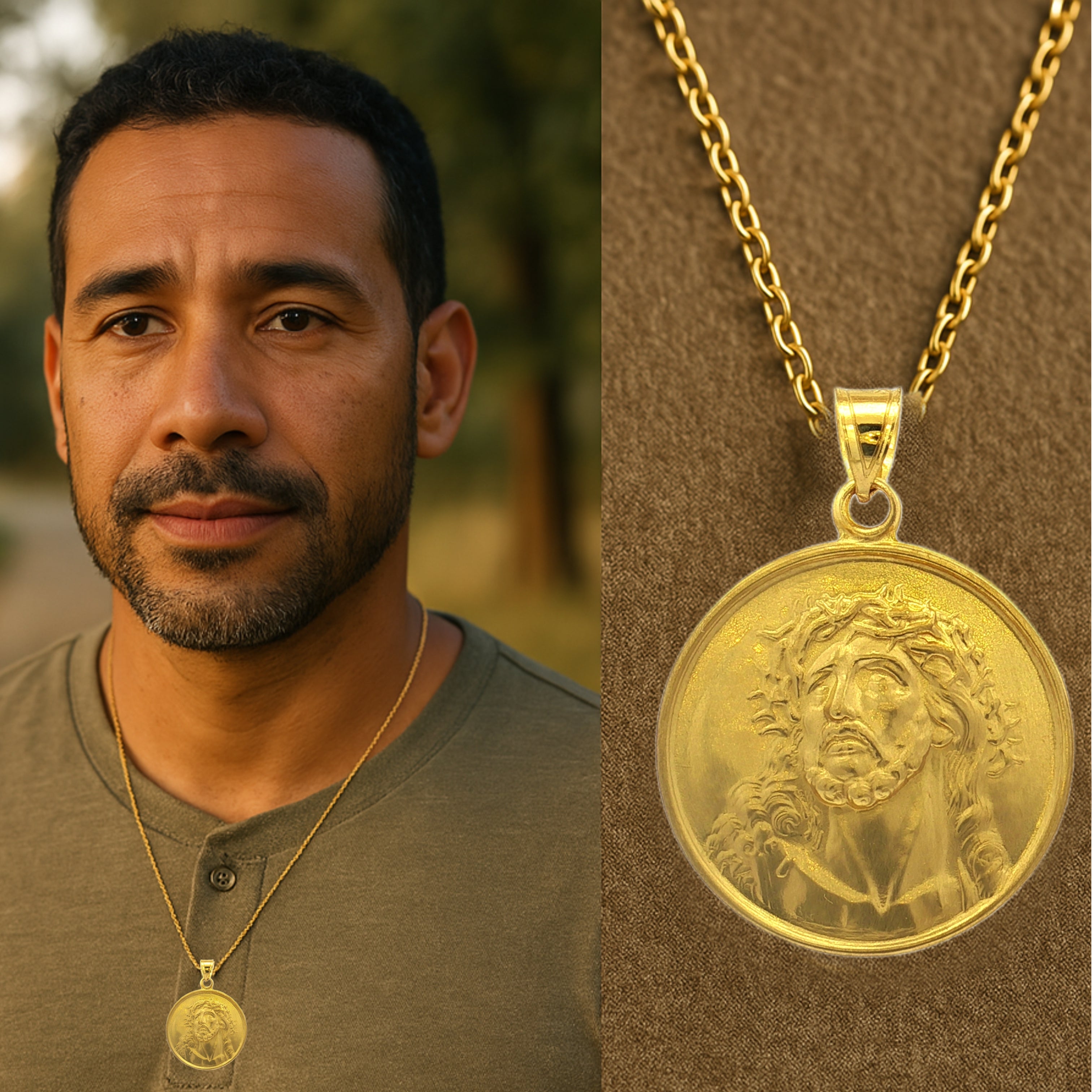 Solid 14K Double Bonded Gold Ecce Homo Jesus Head pendant medal pendant only image size XL (1") XS (1/2") lifestyle image