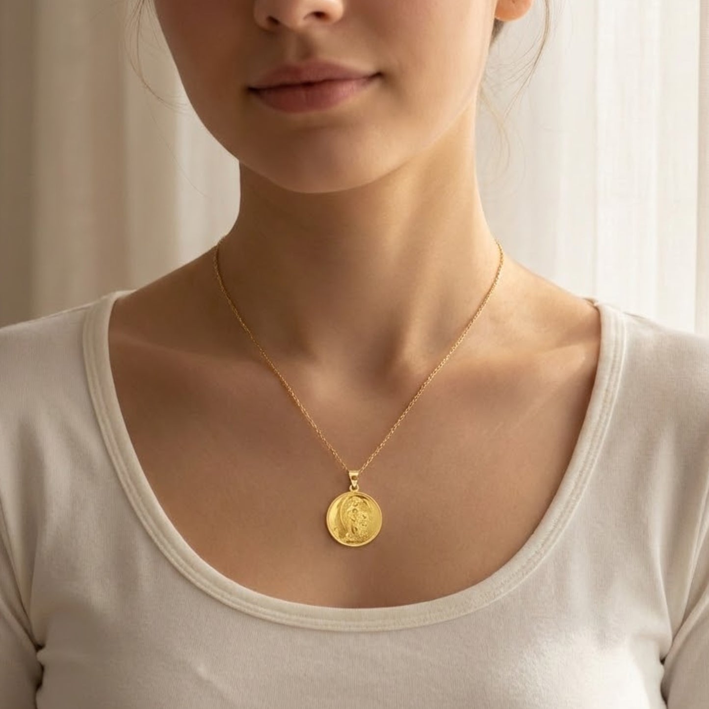 Solid 14K Double Bonded Gold Guardian Angel pendant medal pendant only image size XL (1") XS (1/2") lifestyle image