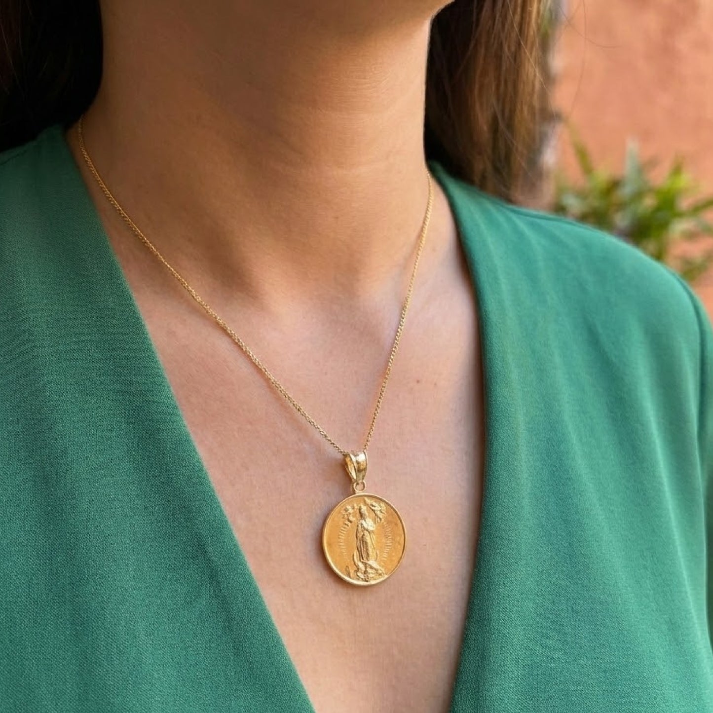Solid 14K Double Bonded Gold Our Lady of Guadalupe pendant medal pendant only image size XL (1") XS (1/2") lifestyle image