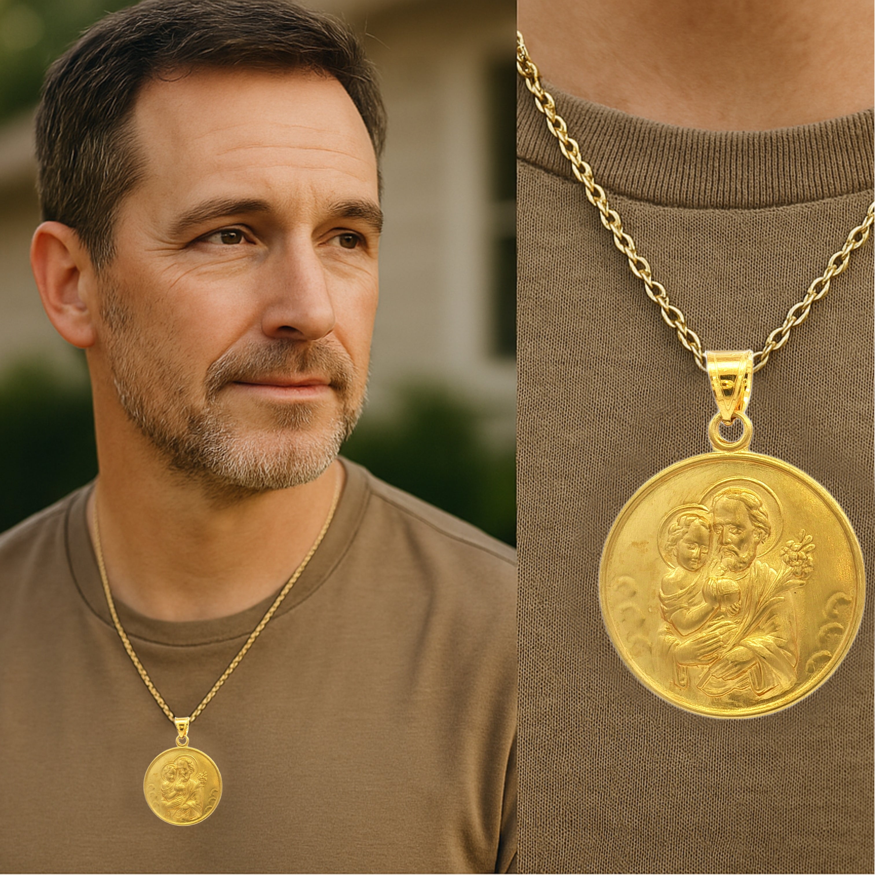 Solid 14K Double Bonded Gold Saint Joseph pendant medal pendant only image size XL (1") XS (1/2") lifestyle image