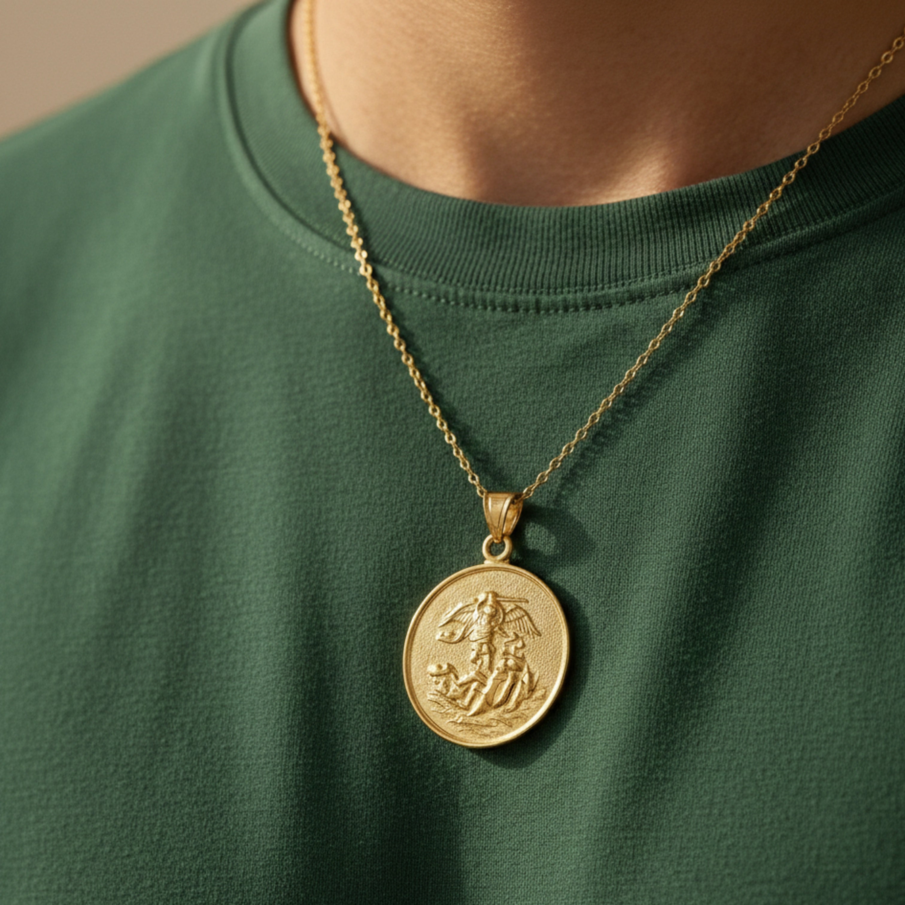 Solid 14K Double Bonded Gold Saint Michael pendant medal pendant only image size XL (1") XS (1/2") lifestyle image