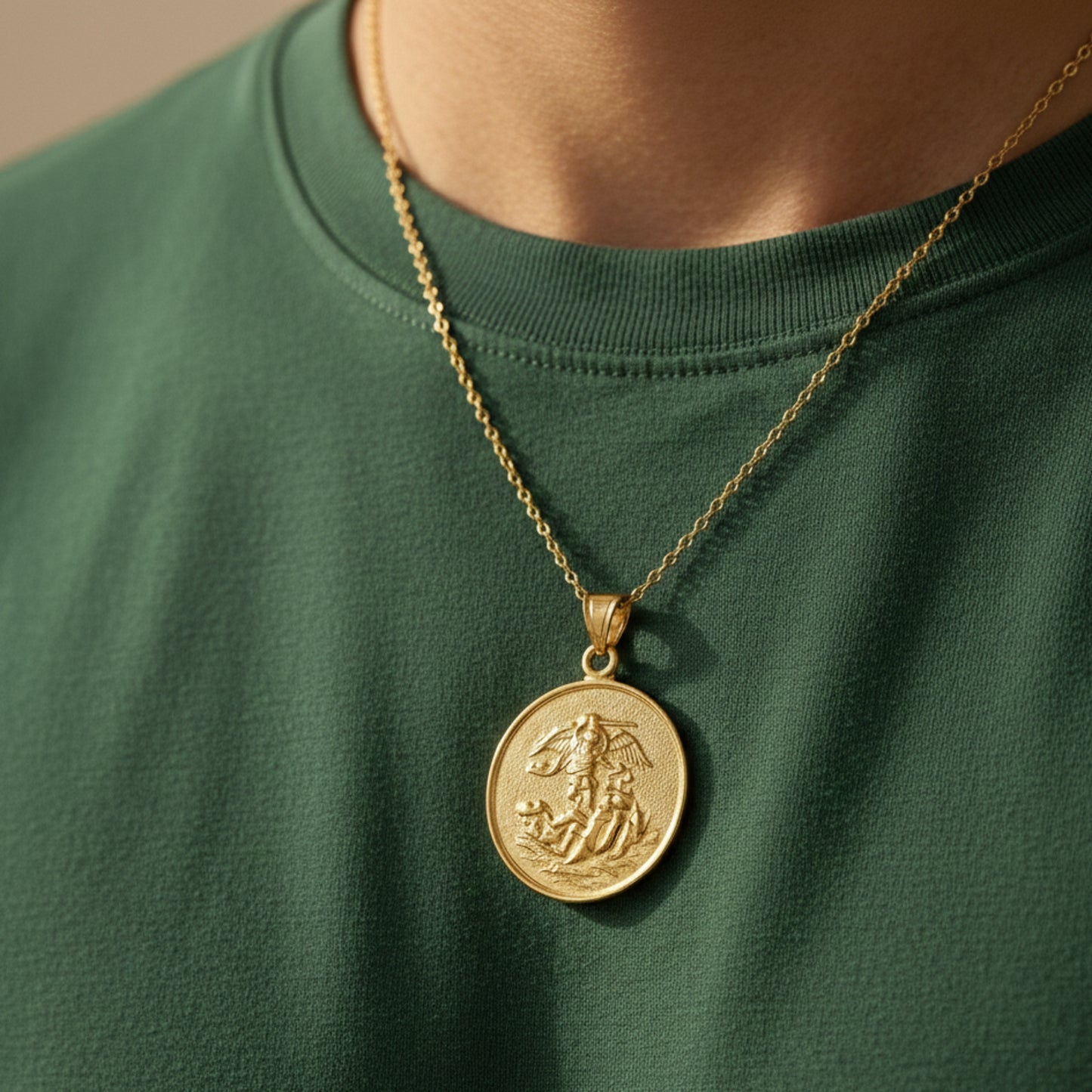 Solid 14K Double Bonded Gold Saint Michael pendant medal pendant only image size XL (1") XS (1/2") lifestyle image