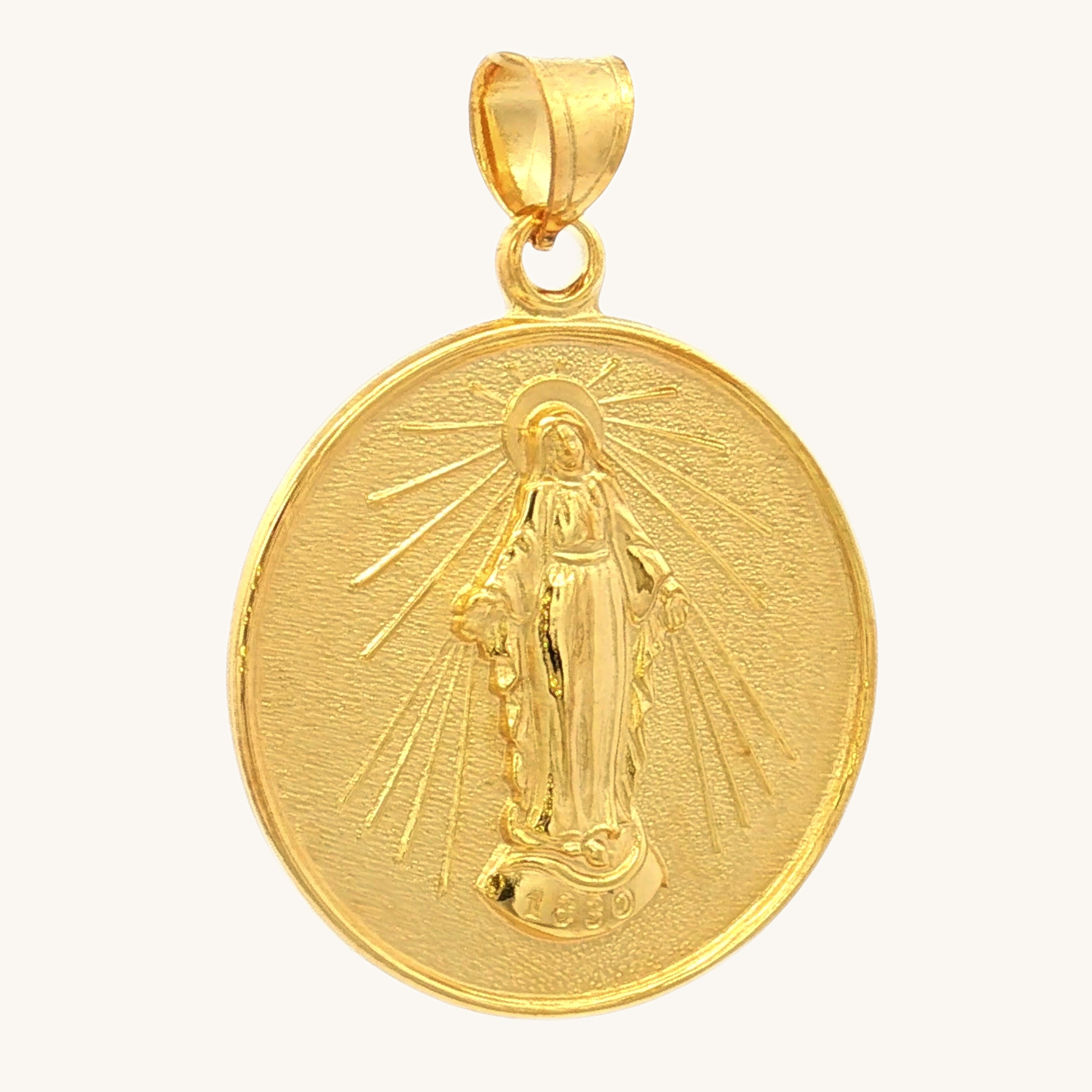 Solid 14K Double Bonded Gold Miraculous Virgin Mary pendant medal pendant only image size XL (1") XS (1/2") angle image