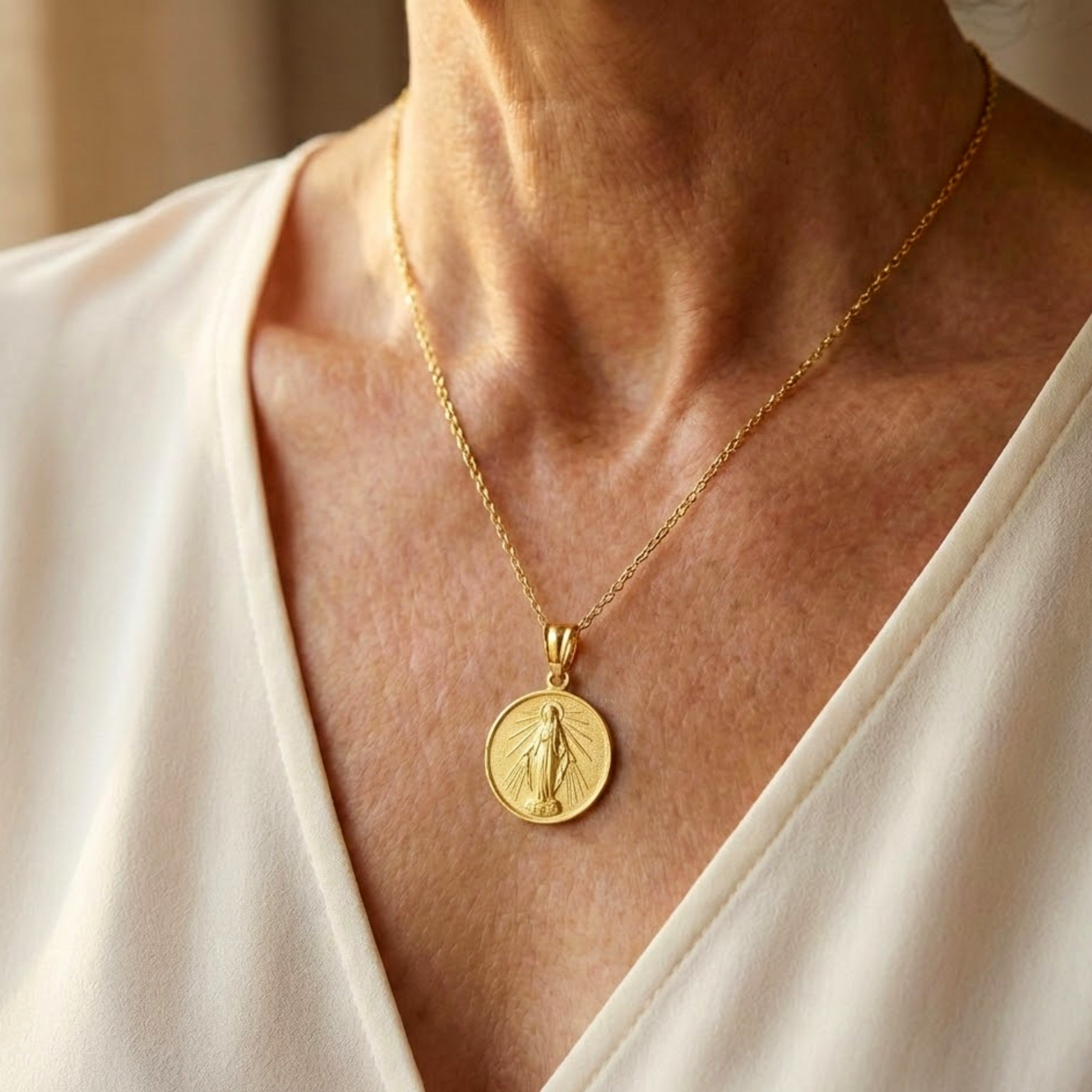 Solid 14K Double Bonded Gold Miraculous Virgin Mary pendant medal pendant only image size XL (1") XS (1/2") lifestyle image