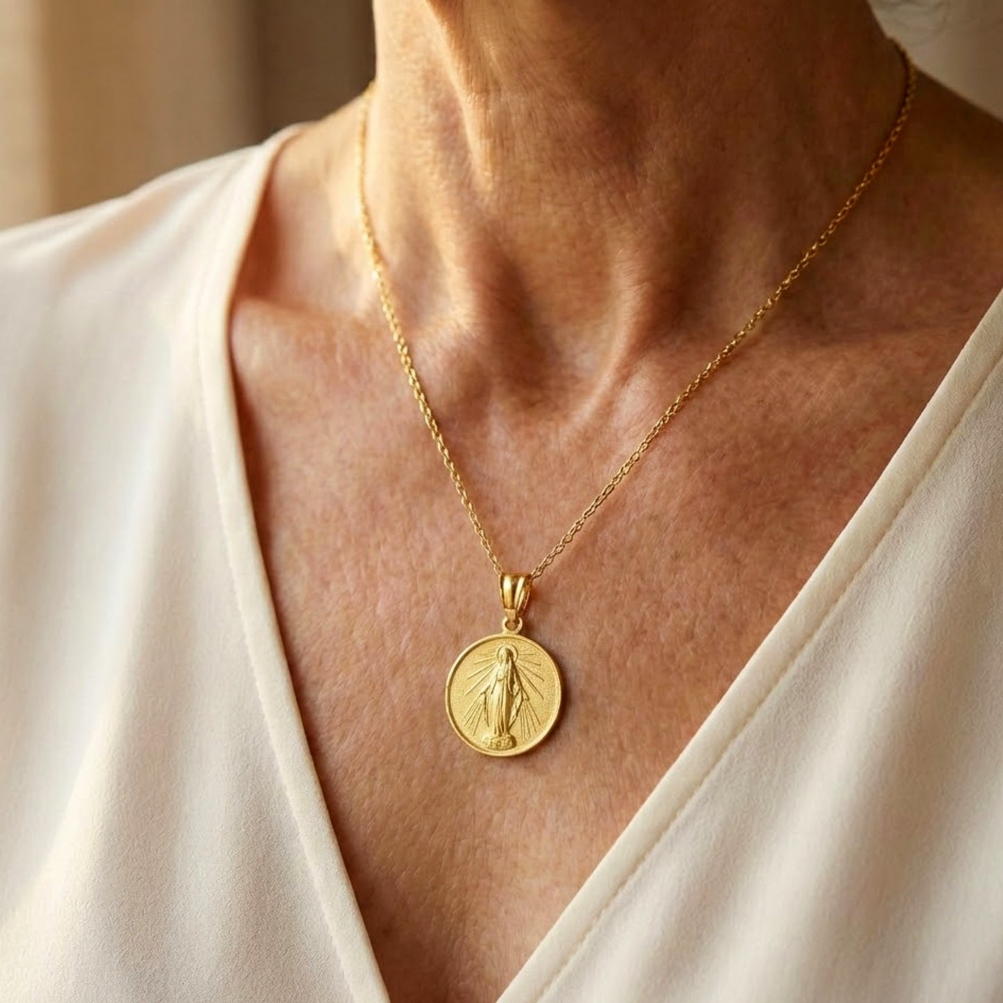 Solid 14K Double Bonded Gold Miraculous Virgin Mary pendant medal pendant only image size XL (1") XS (1/2") lifestyle image