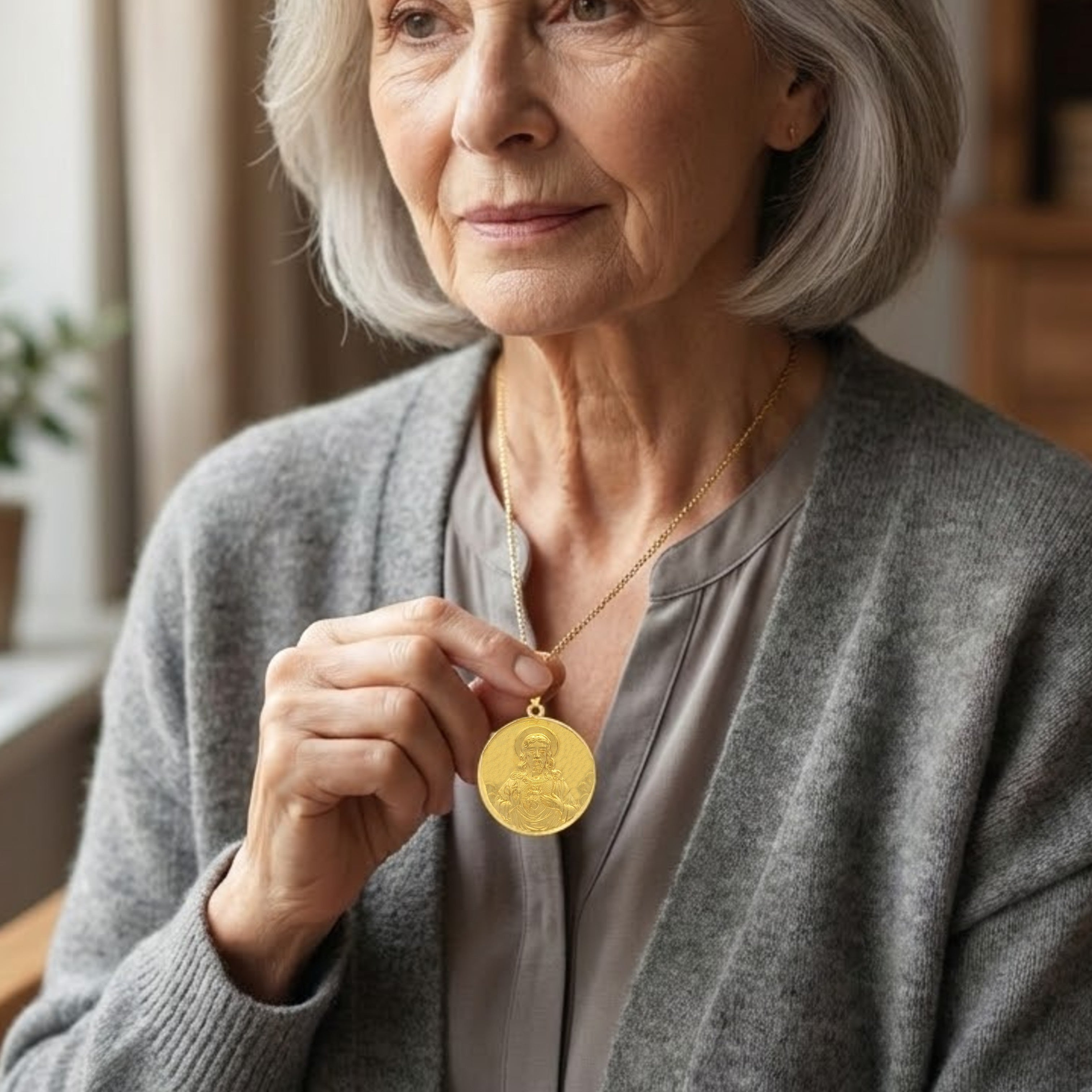 Solid 14K Double Bonded Gold Sacred Heart of Jesus pendant medal pendant only image size XL (1") XS (1/2") lifestyle image