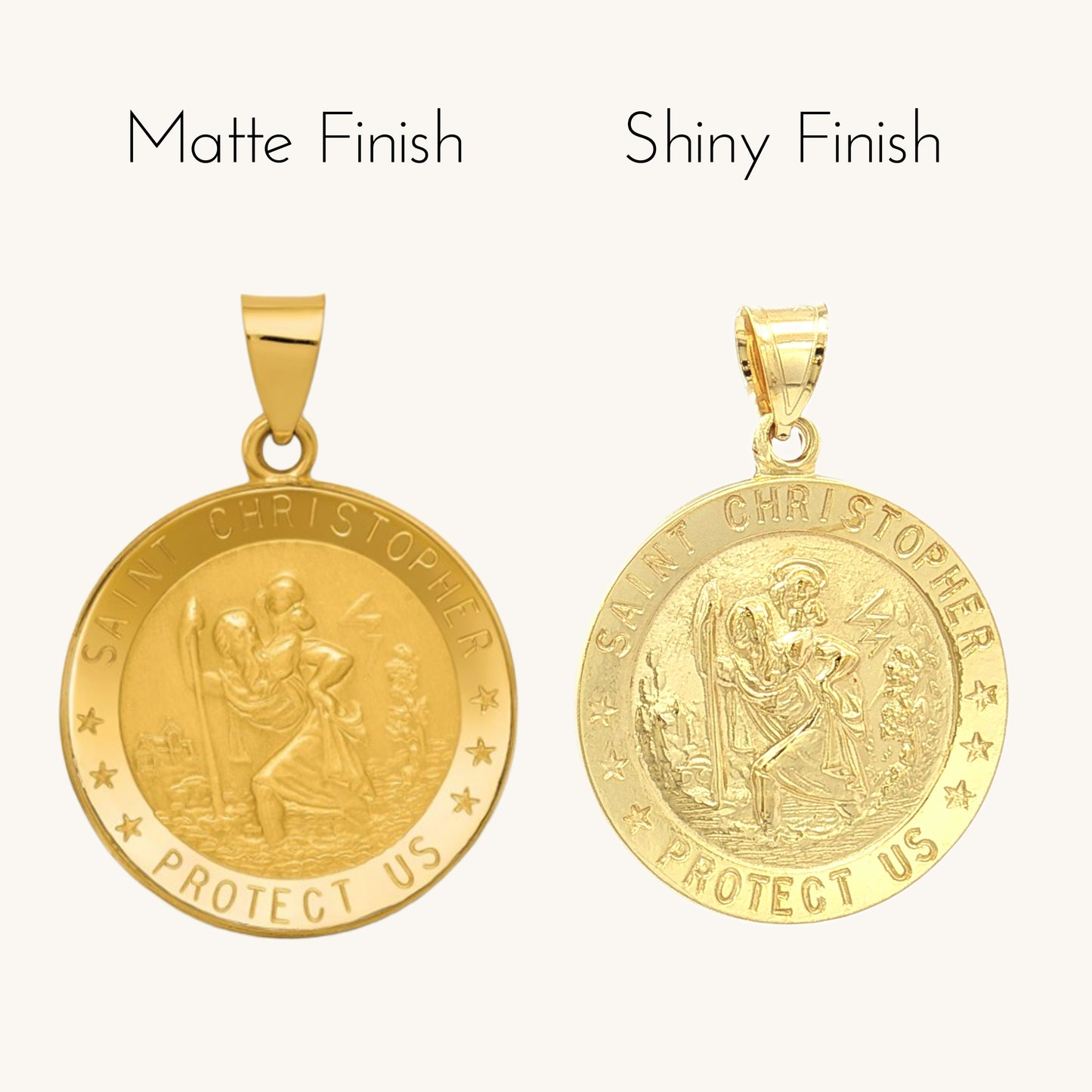 Solid 14K Double Bonded Gold Saint Christopher Medal XL (size of Quarter) L (size of Nickel) M (size of Dime) size comparison matte finish shiny finish