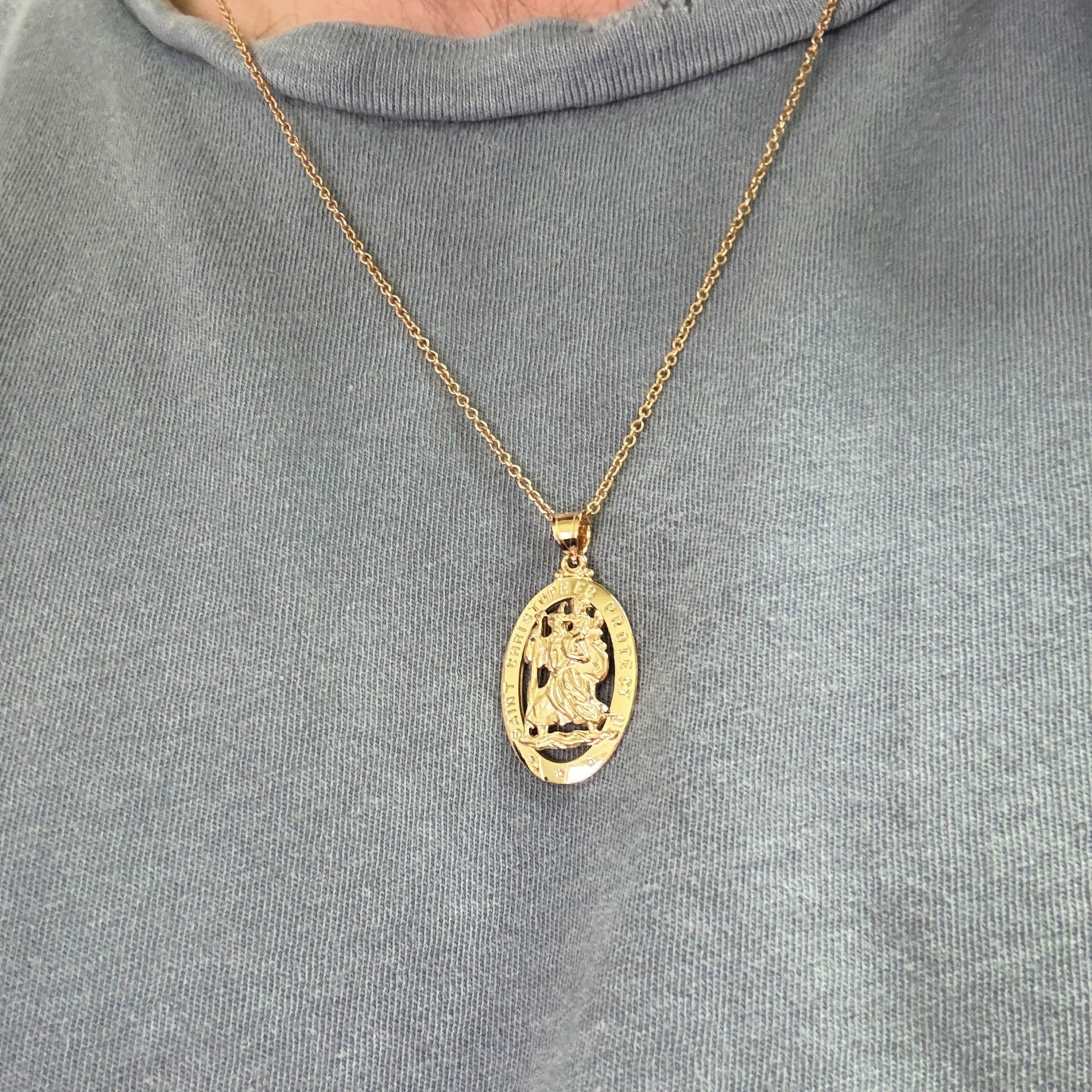 Solid 14K Double Bonded Gold Saint Christopher Pierced Medal Pendant only M (1 1/4" x 3/4") lifestyle image