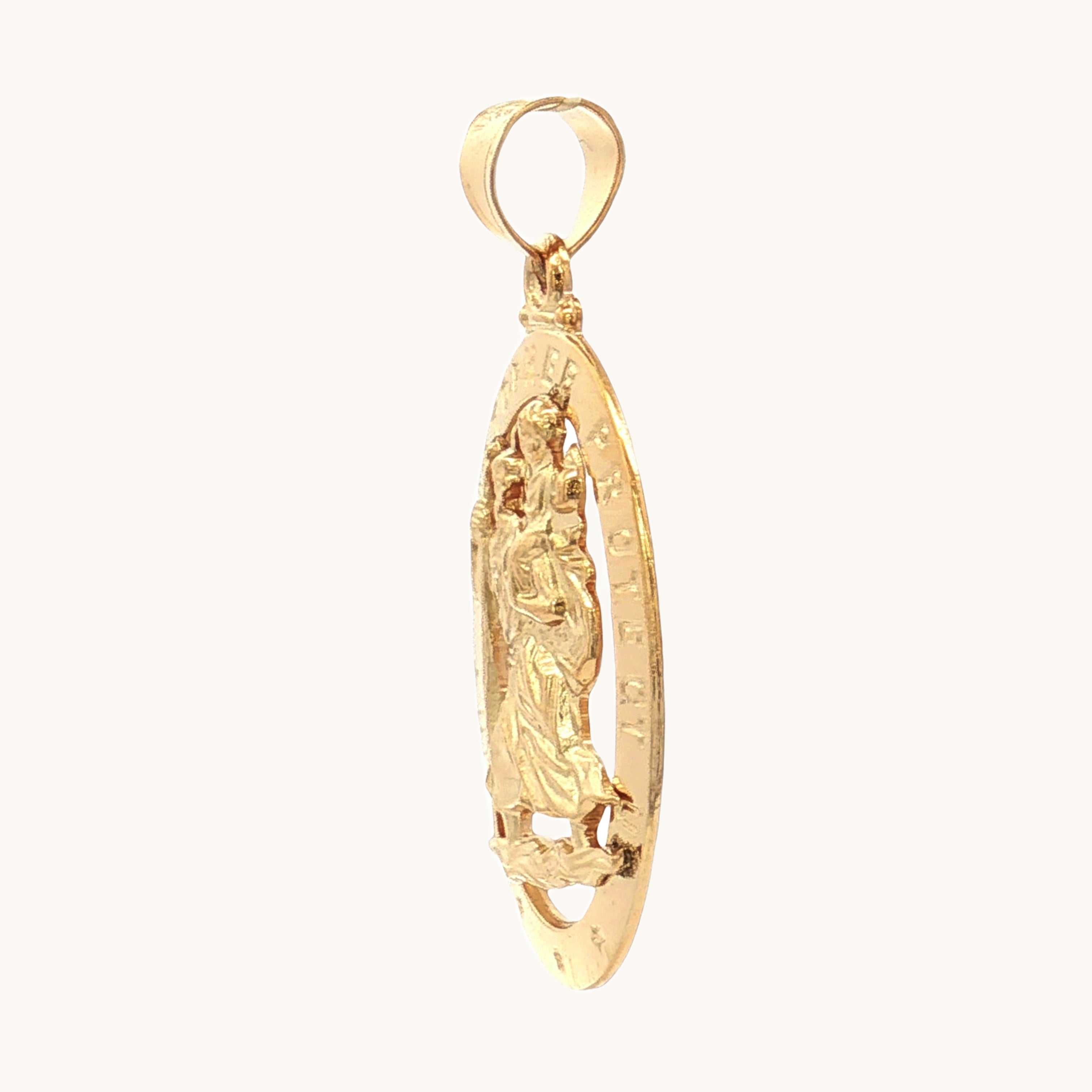 Solid 14K Double Bonded Gold Saint Christopher Pierced Medal Pendant only M (1 1/4" x 3/4") side image