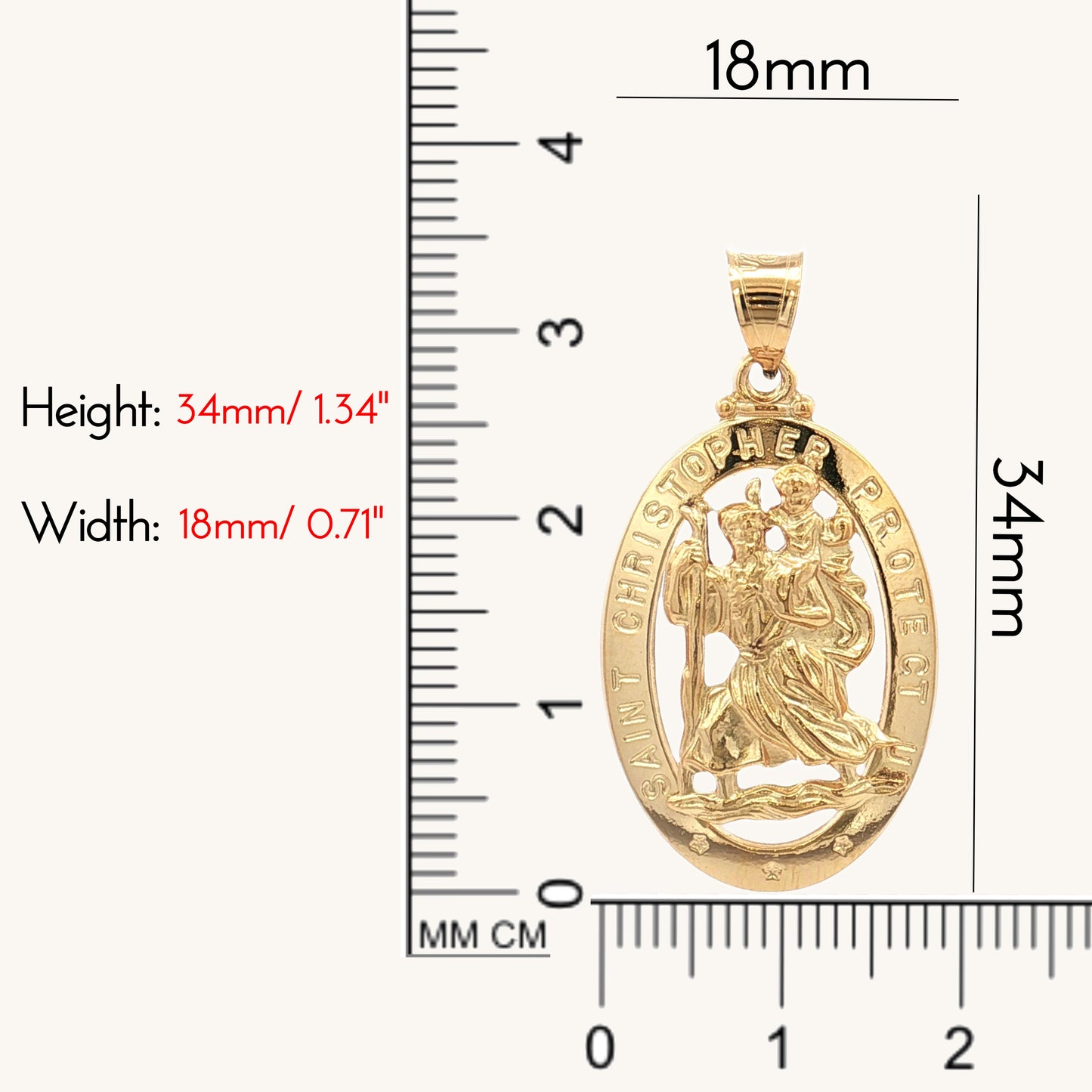 size_chart Solid 14K Double Bonded Gold Saint Christopher Pierced Medal Pendant only M (1 1/4" x 3/4") 