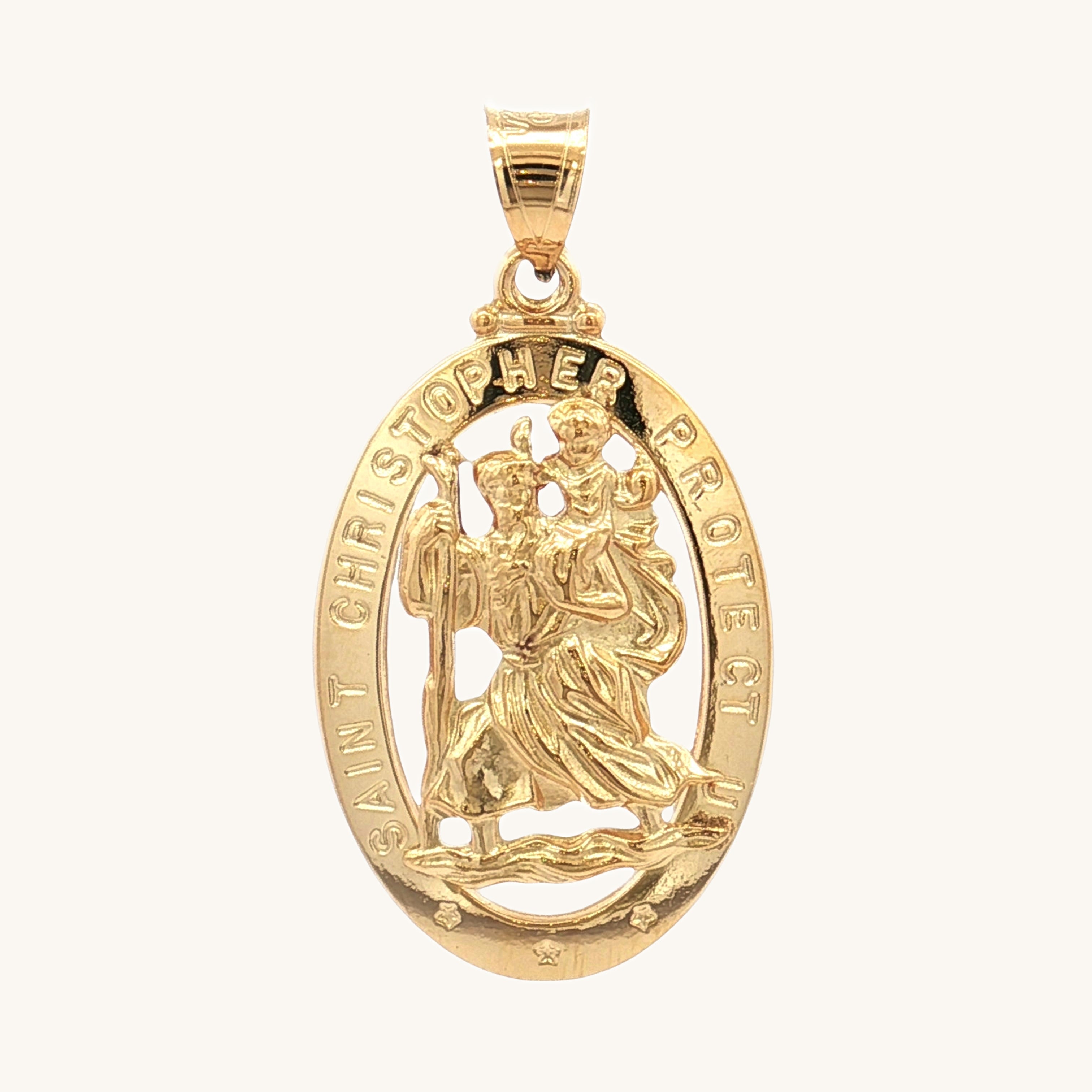 Solid 14K Double Bonded Gold Saint Christopher Pierced Medal Pendant only M (1 1/4" x 3/4") front image