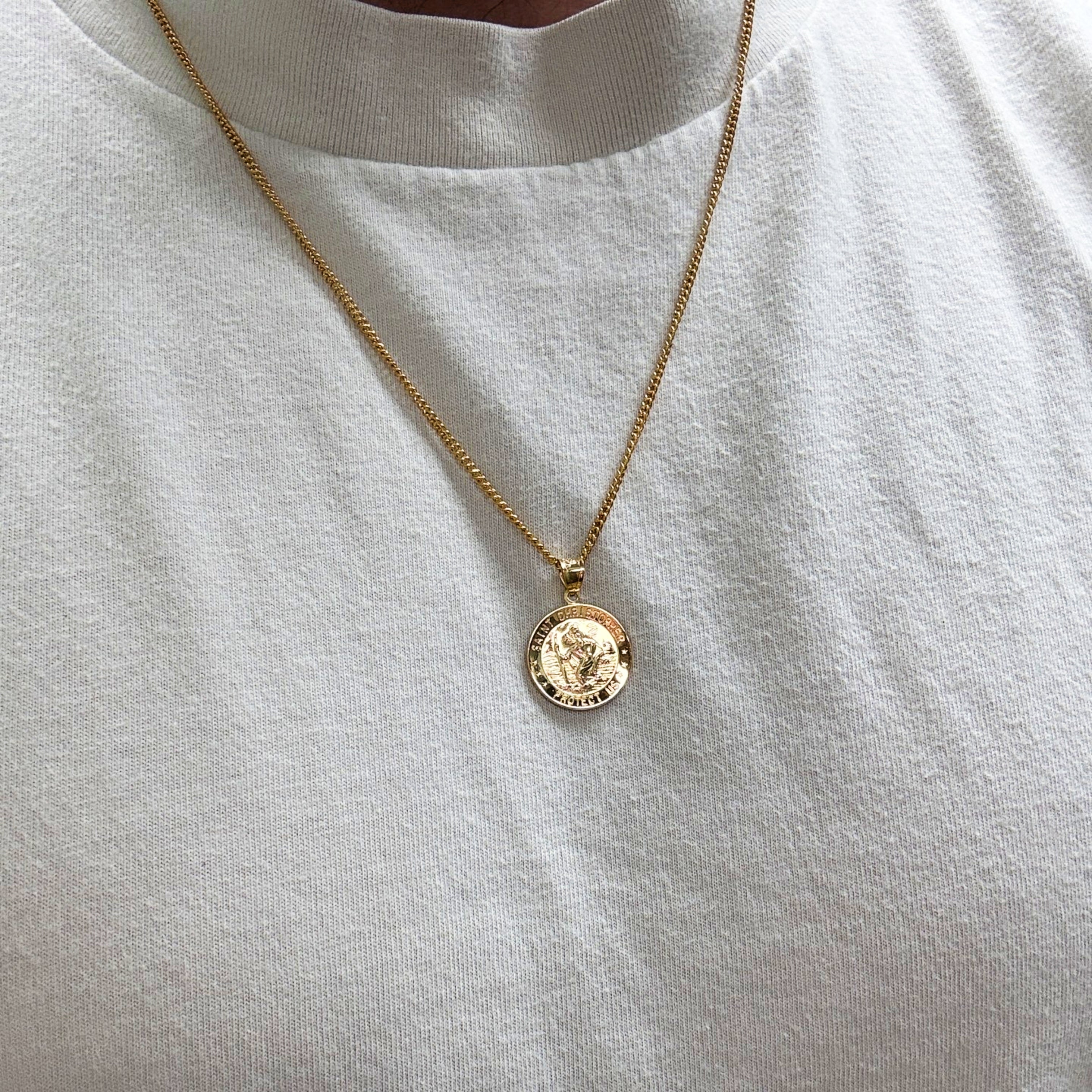 Solid 14K Double Bonded Gold Saint Christopher Sports Medal M (size of Dime) Baseball Basketball Football Soccer Hockey lifestyle image close up
