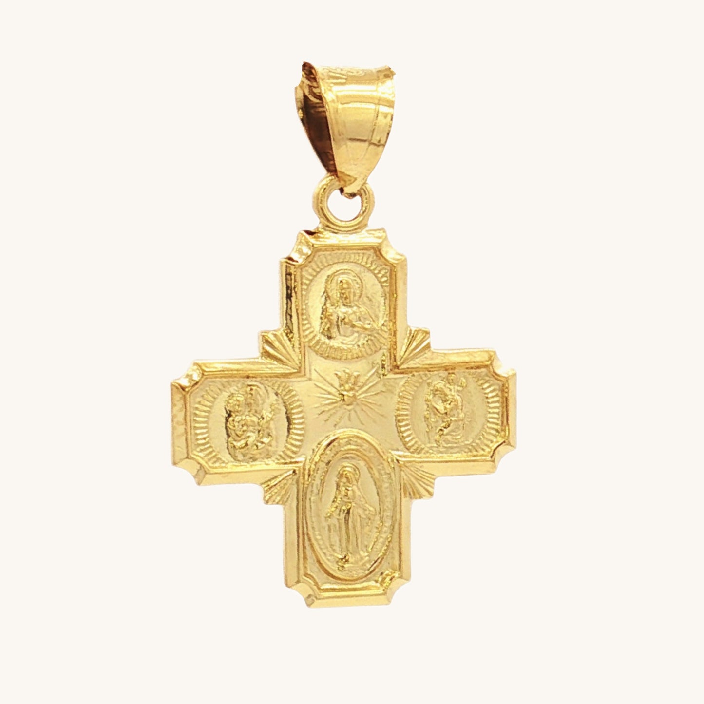 Solid 14K Double Bonded Gold Four Way Cross medal on cable chain main image M size shiny finish