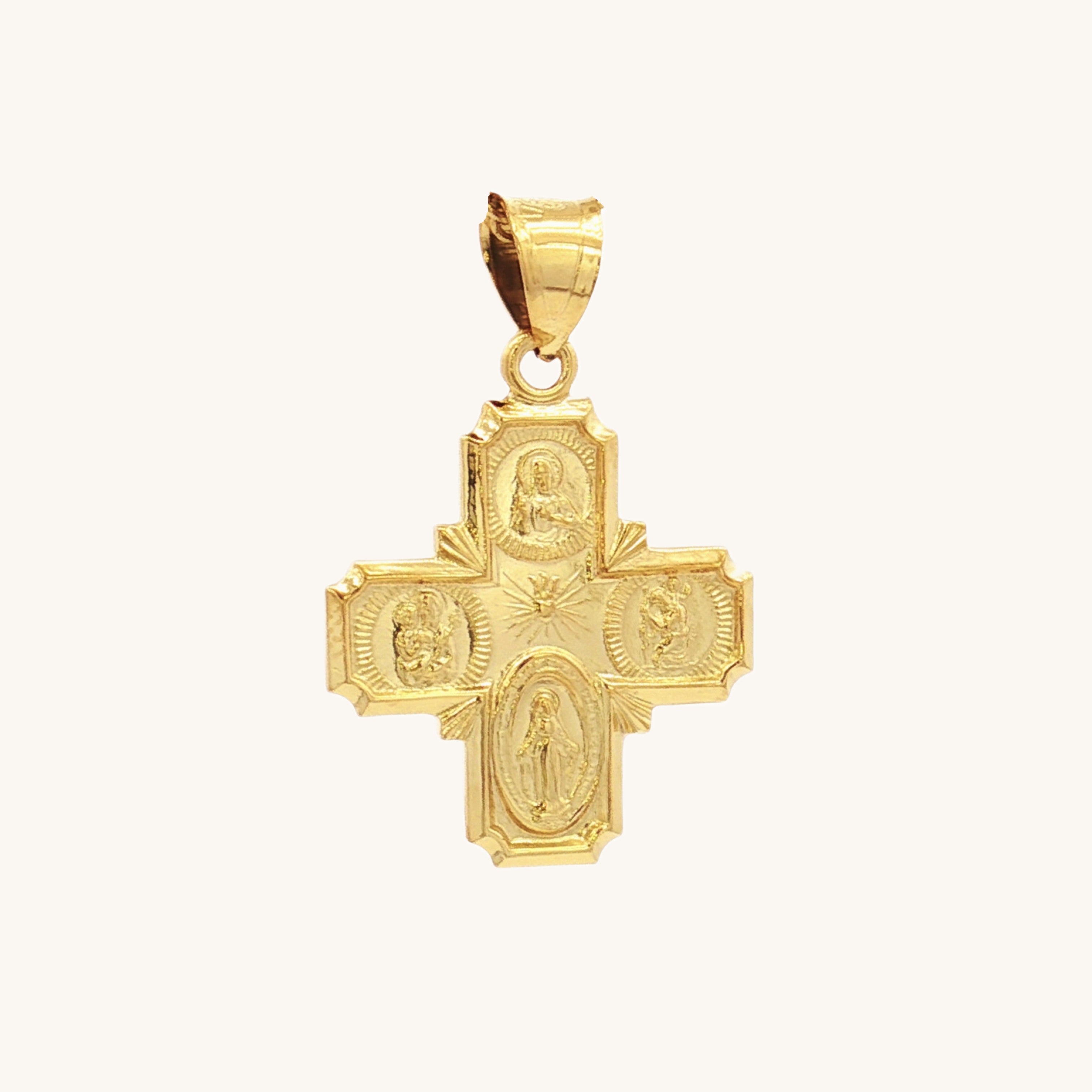 Solid 14K Double Bonded Gold Four Way Cross medal on cable chain main image S size shiny finish