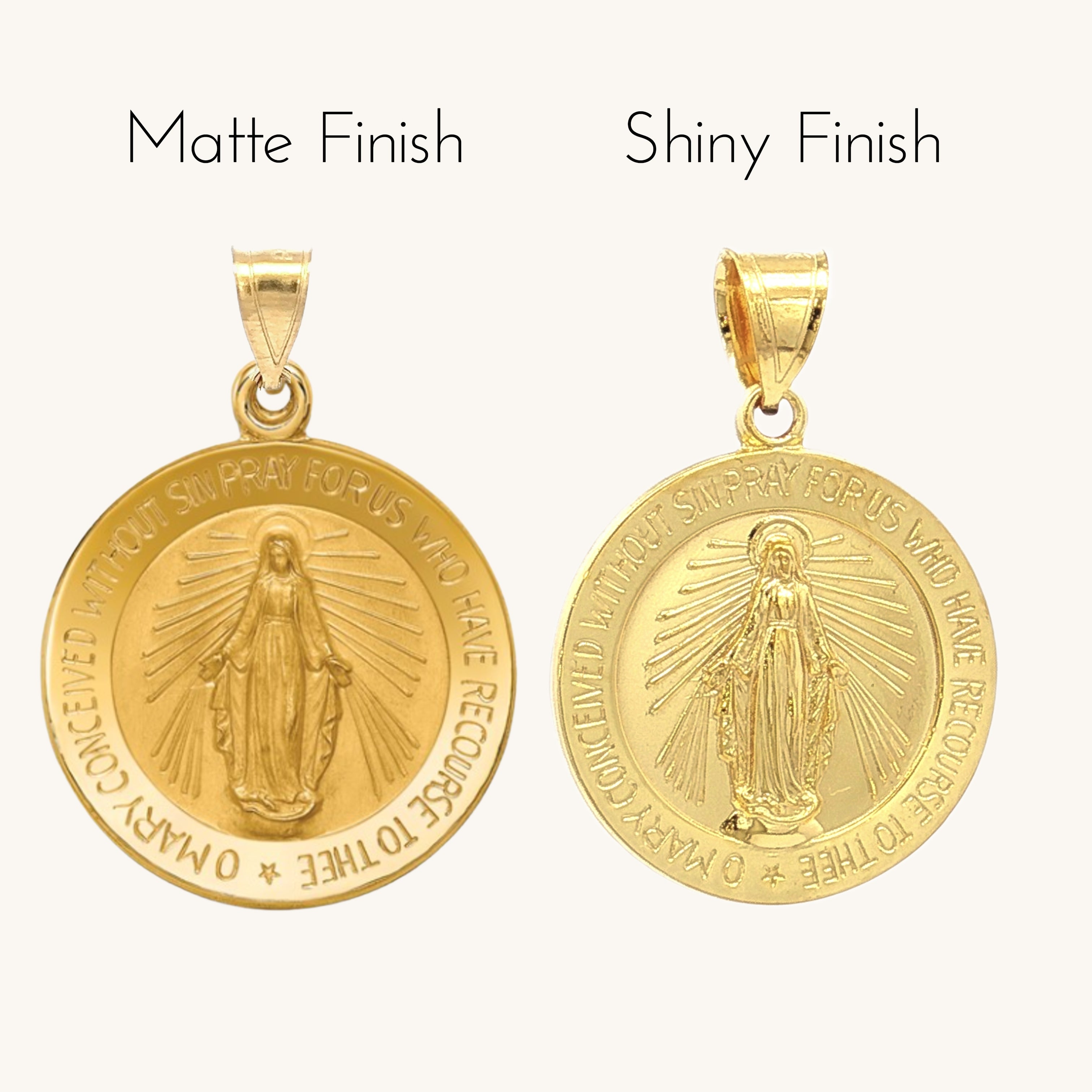Solid 14K Gold Filled Virgin Mary Miraculous Round medal pendant only main front and back image M (size of dime) matte finish vs shiny finish comparison