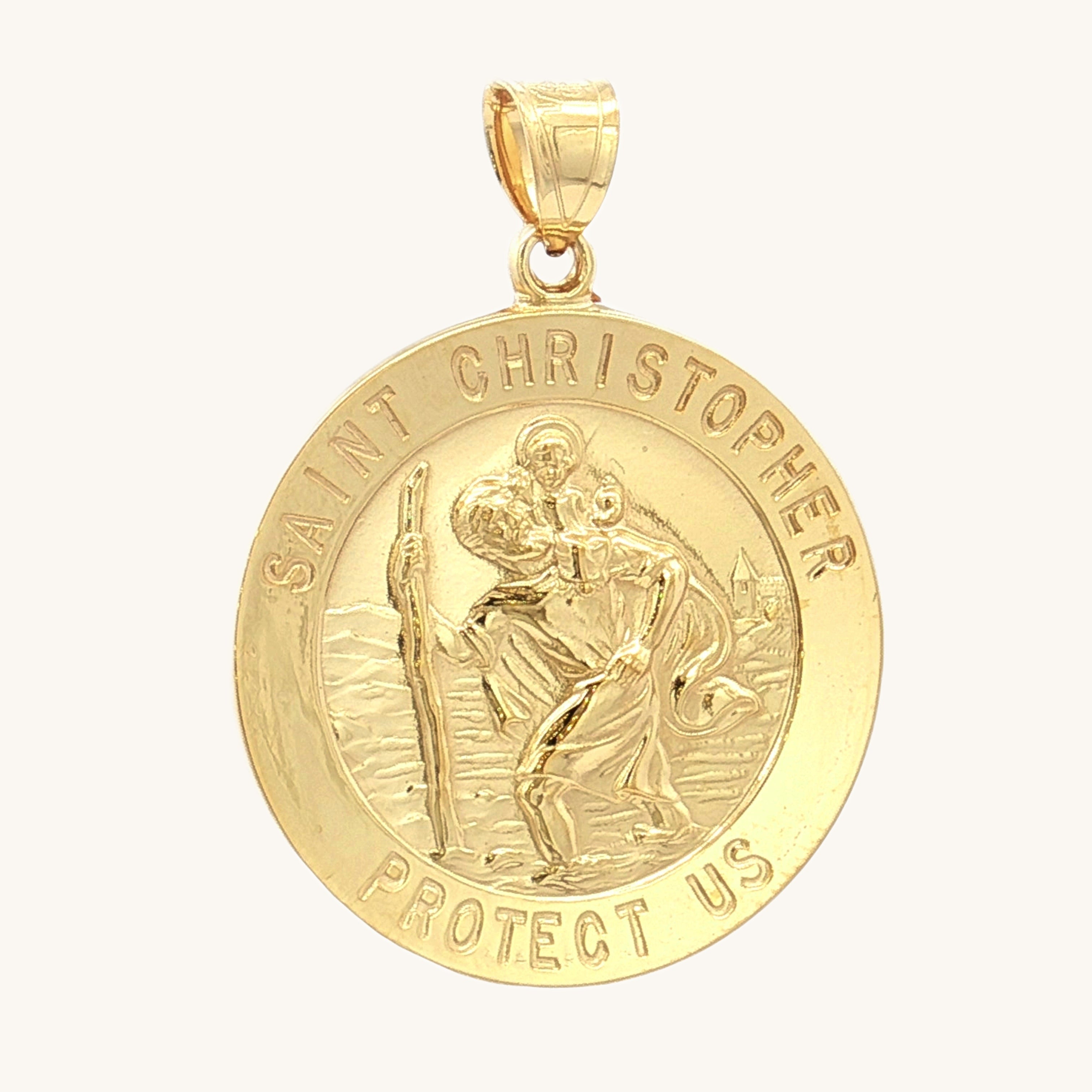 Solid 14K Double Bonded Gold Saint Christopher Medal XL (size of Quarter) size pendant only main image shiny finish
