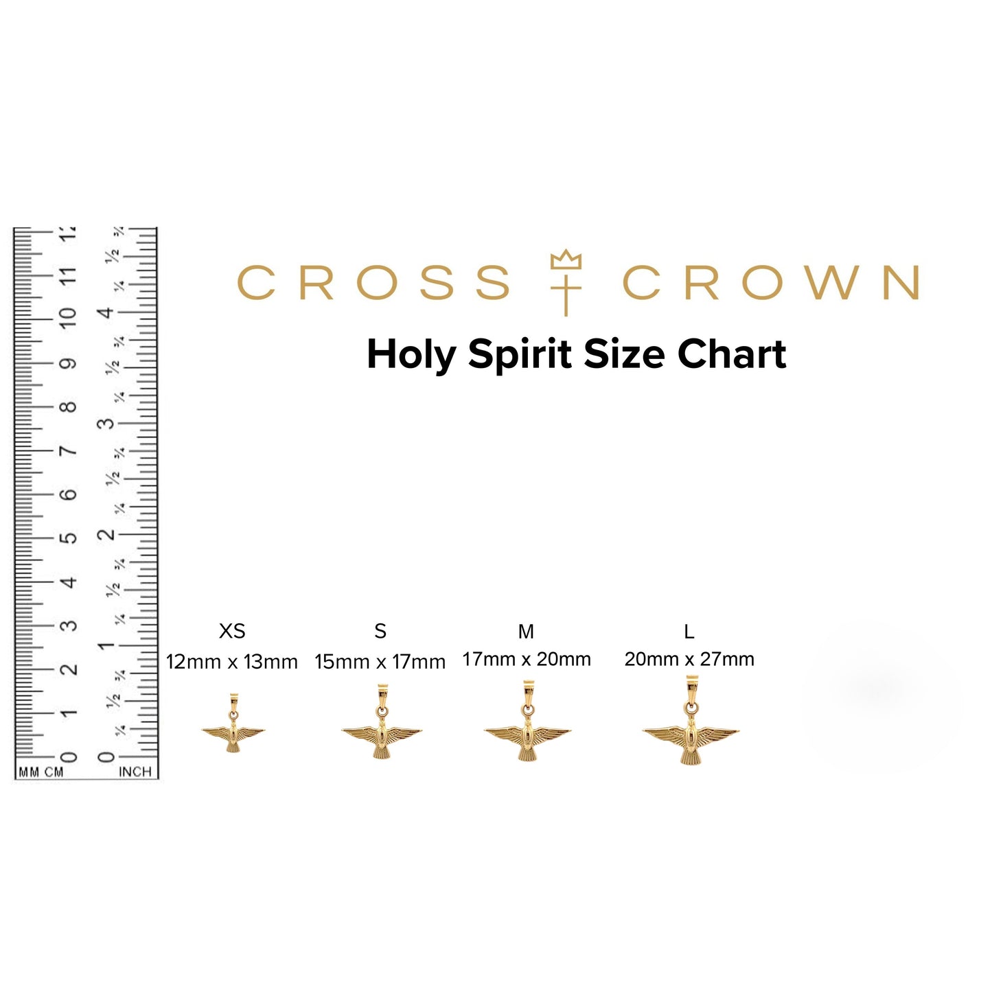 size_chart 14K Yellow Gold Holy Spirit Charm S XS M L