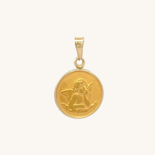 14K Yellow Gold Guardian Angel Round Pendant S