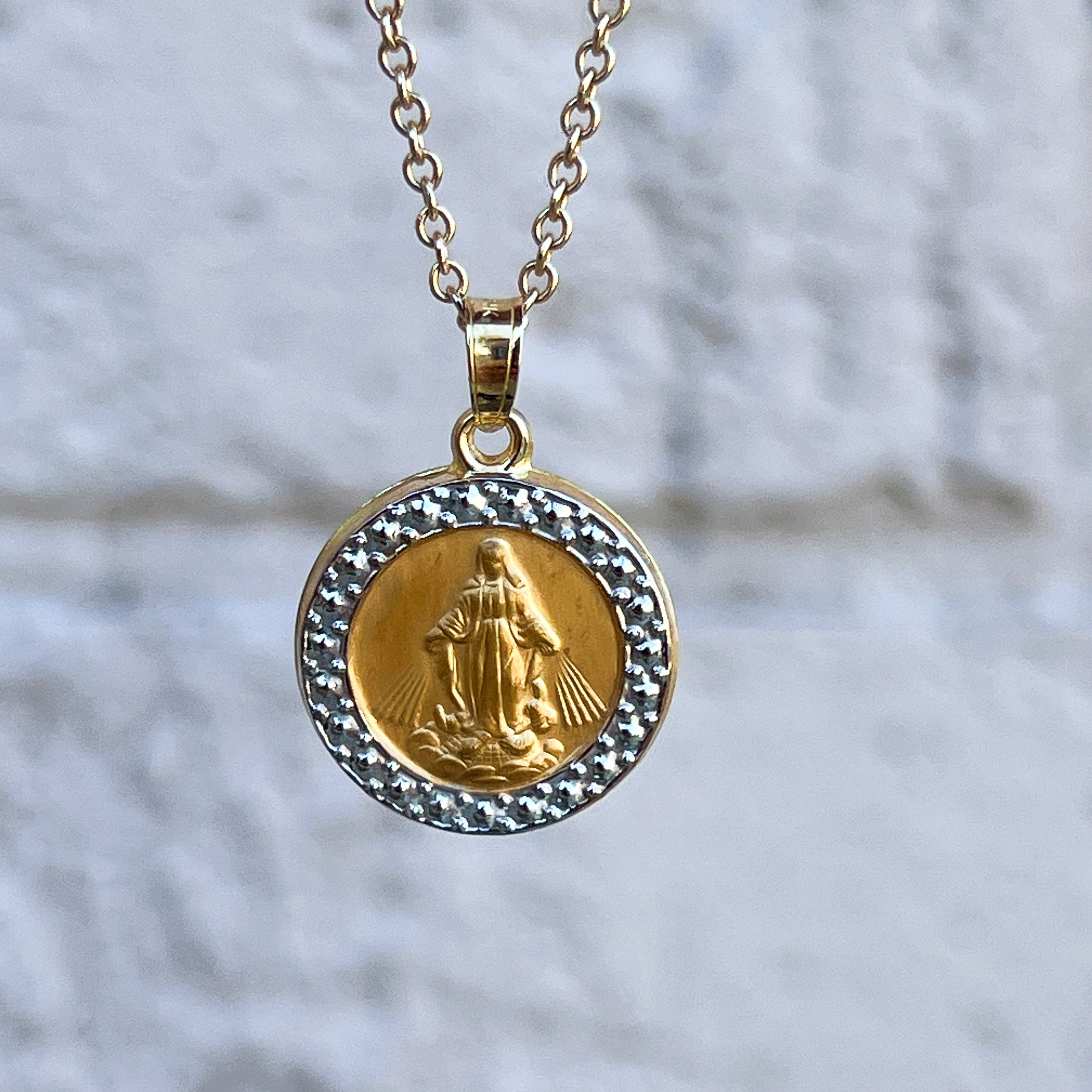 14K Yellow Gold Miraculous Virgin Mary Medal S lifestyle on chain