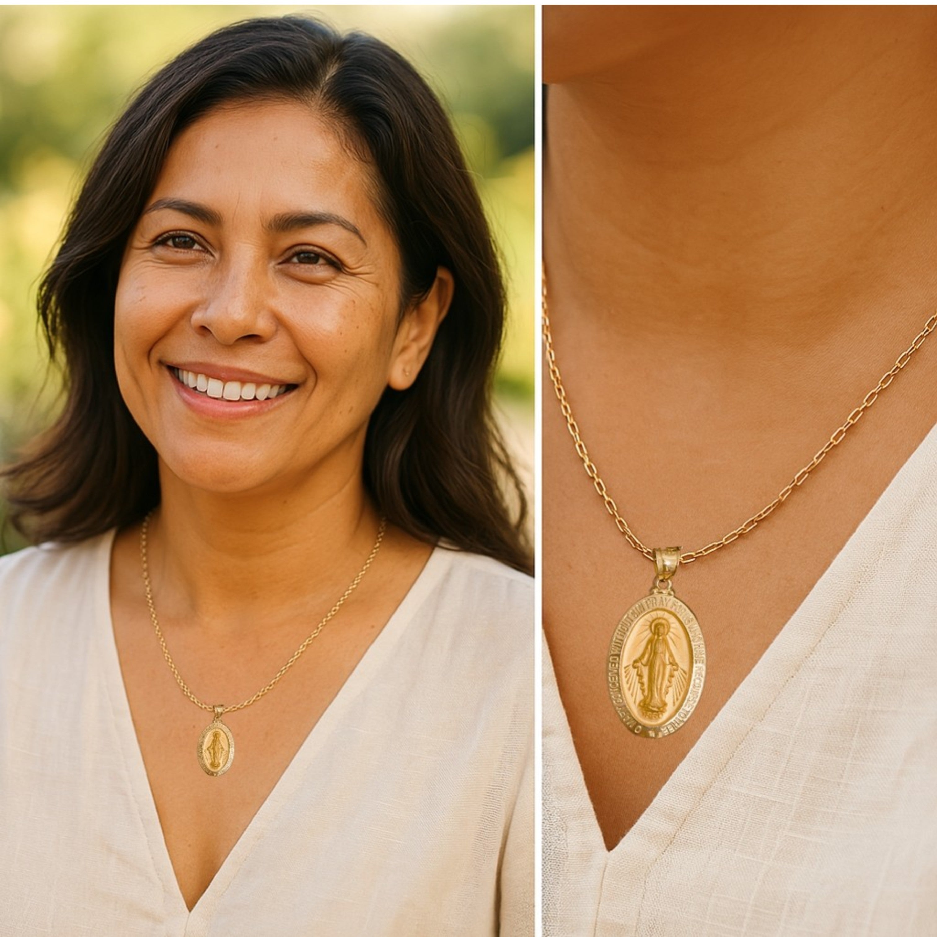 14K Yellow White Gold Miraculous Virgin Mary medal necklace lifestyle image woman wearing XL L M S XS