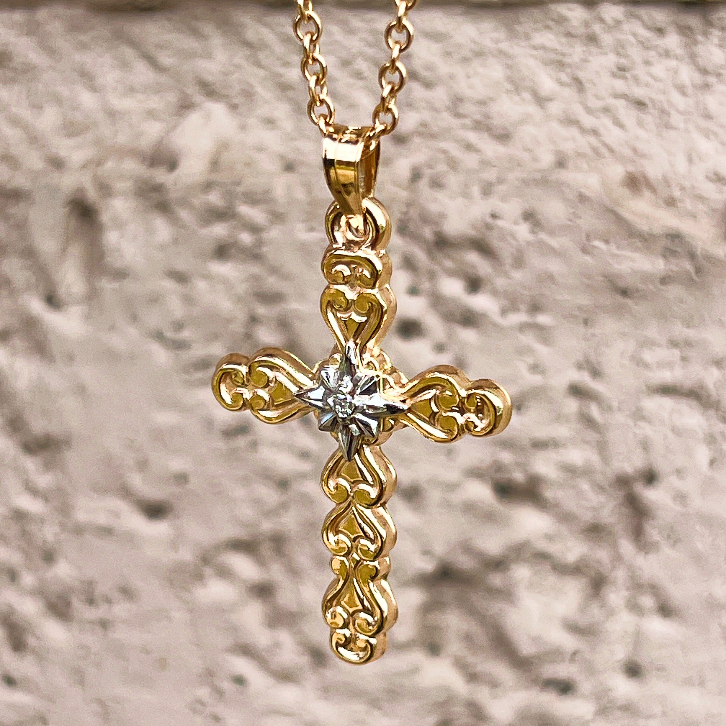 14K Yellow Gold Star Diamond Cross Pendant Necklace M lifestyle on chain