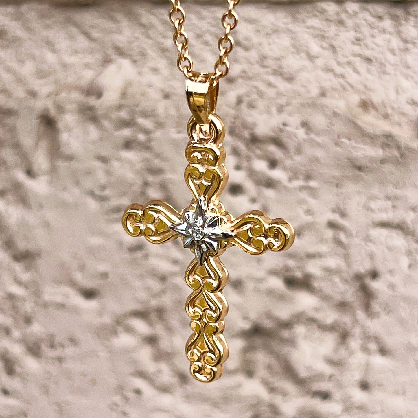 14K Yellow Gold Star Diamond Cross Pendant Necklace M lifestyle on chain