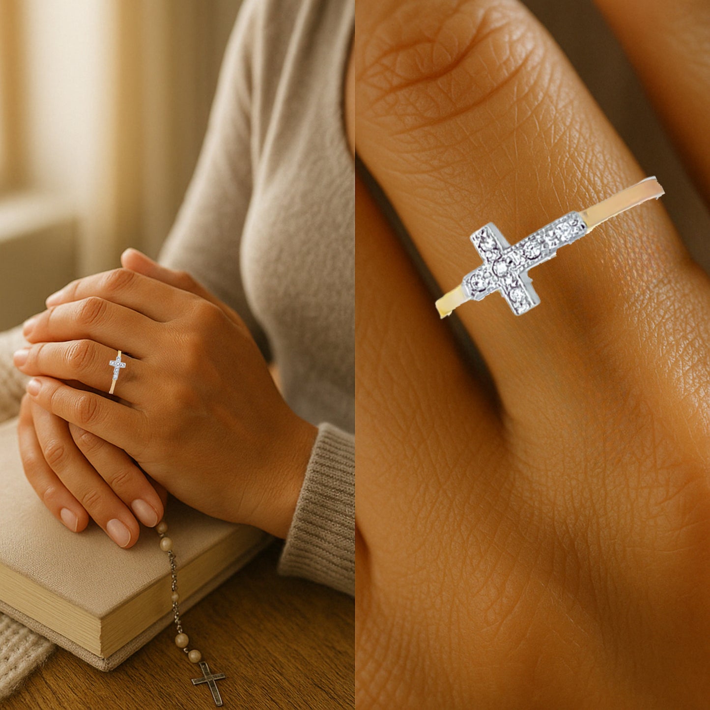 14K Two Tone Gold Diamond Cross Ring 4 5 6 7 8 lifestyle on hand