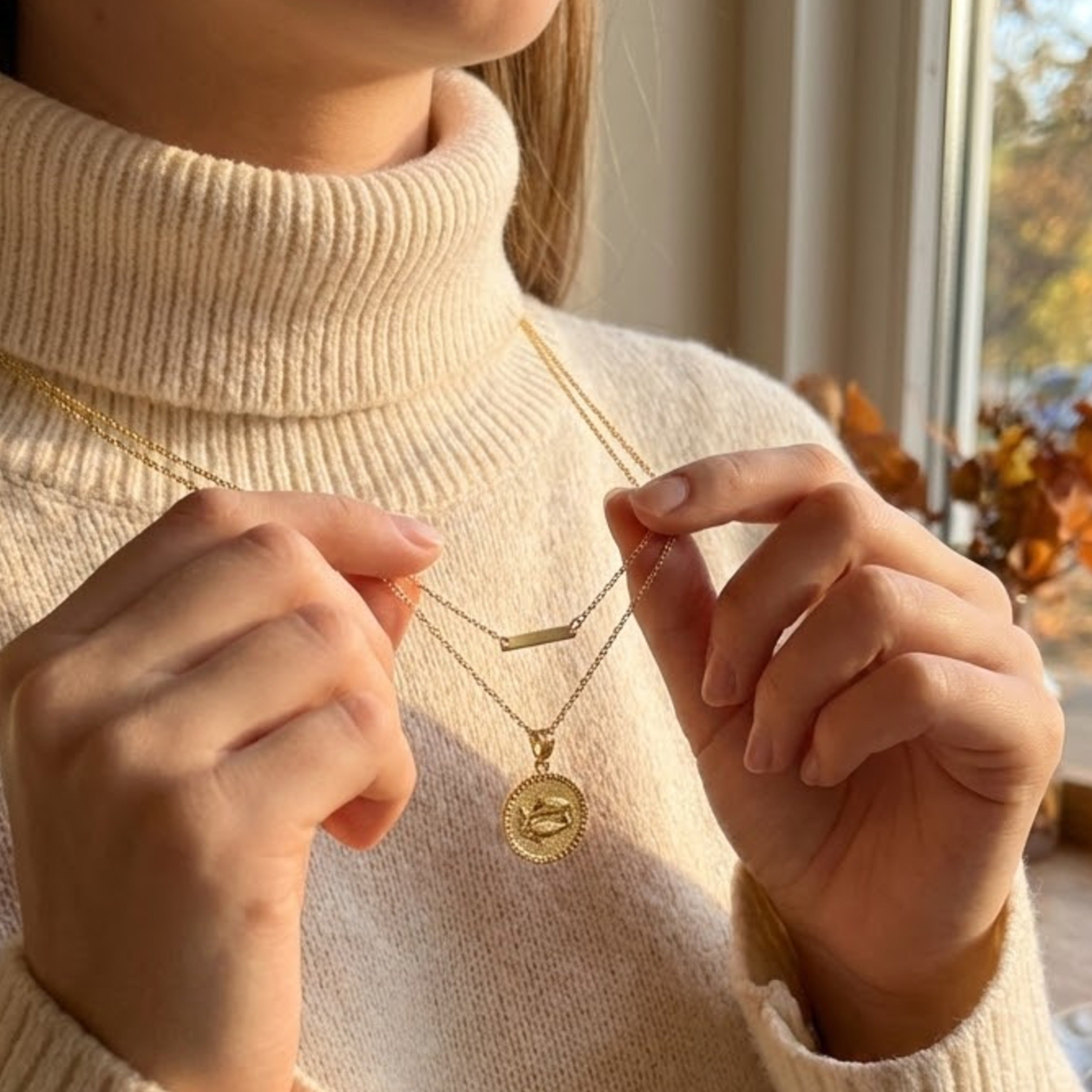 Solid 14K Double Bonded Gold zodiac charm pendants S Aries, Taurus, Gemini, Cancer, Leo, Virgo, Libra, Scorpio, Sagittarius, Capricorn, Aquarius, Pisces lifestyle image one