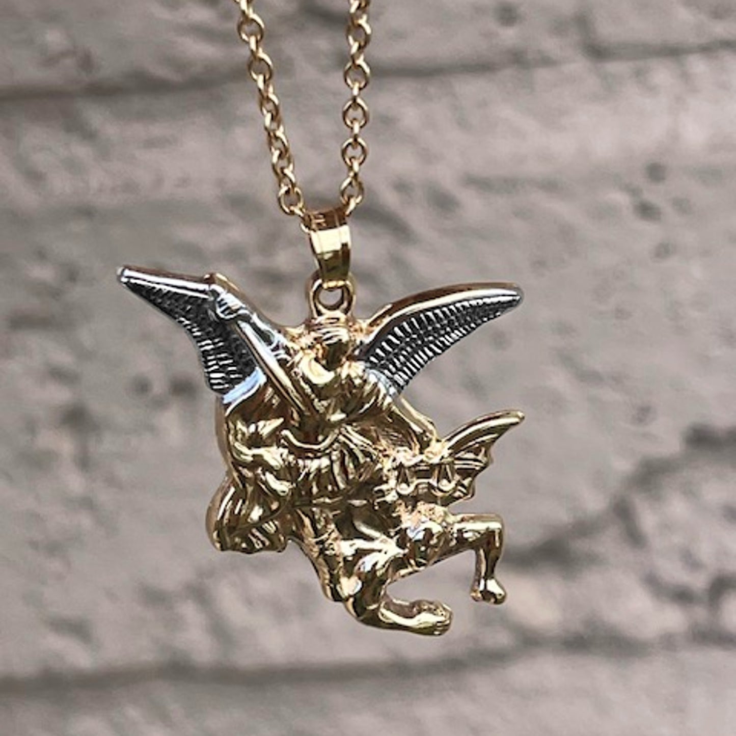 14K Two Tone Gold Saint Michael the Archangel charm pendant L lifestyle image