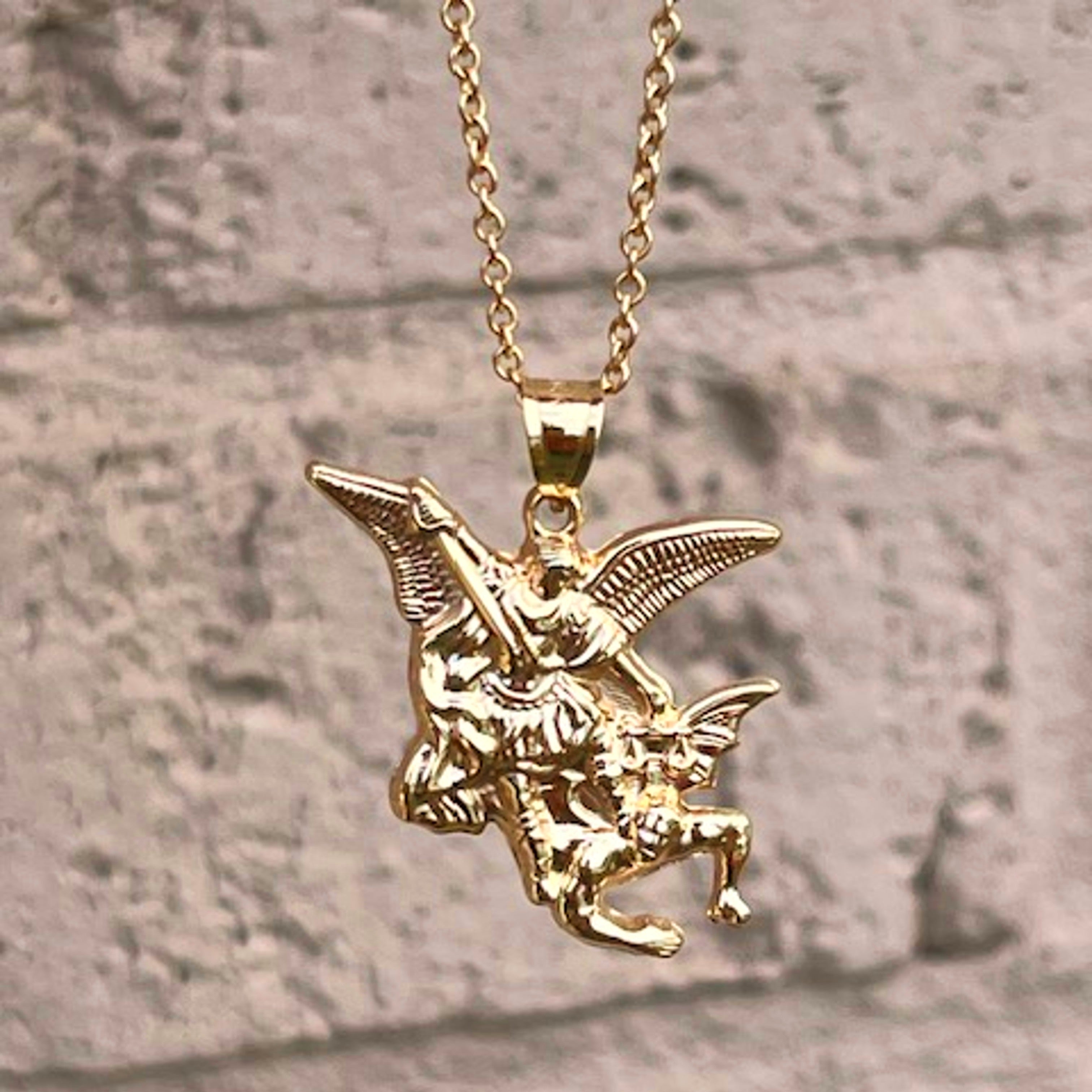 14K Yellow Gold Saint Michael the Archangel charm pendant L lifestyle image