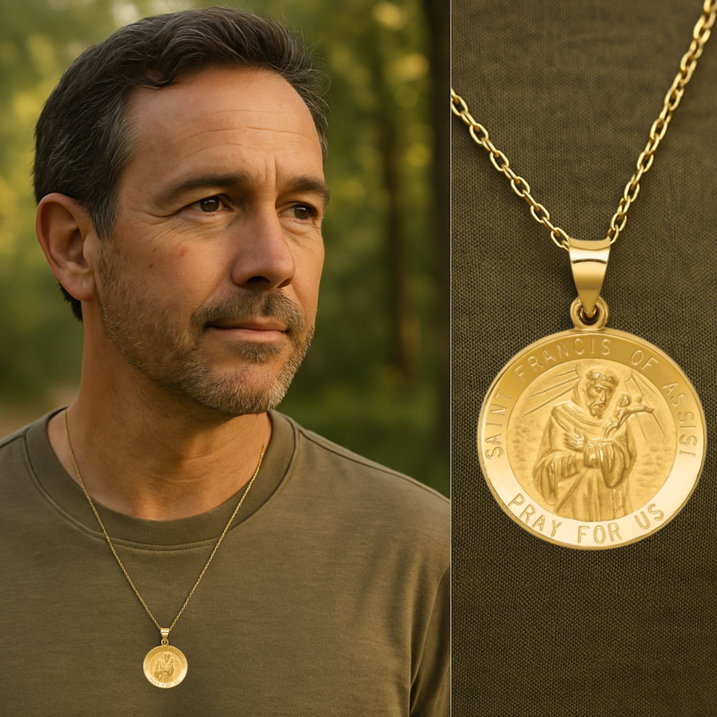 14K White Yellow Gold Saint Francis of Assisi XL L M S Lifestyle man wearing pendant on necklace