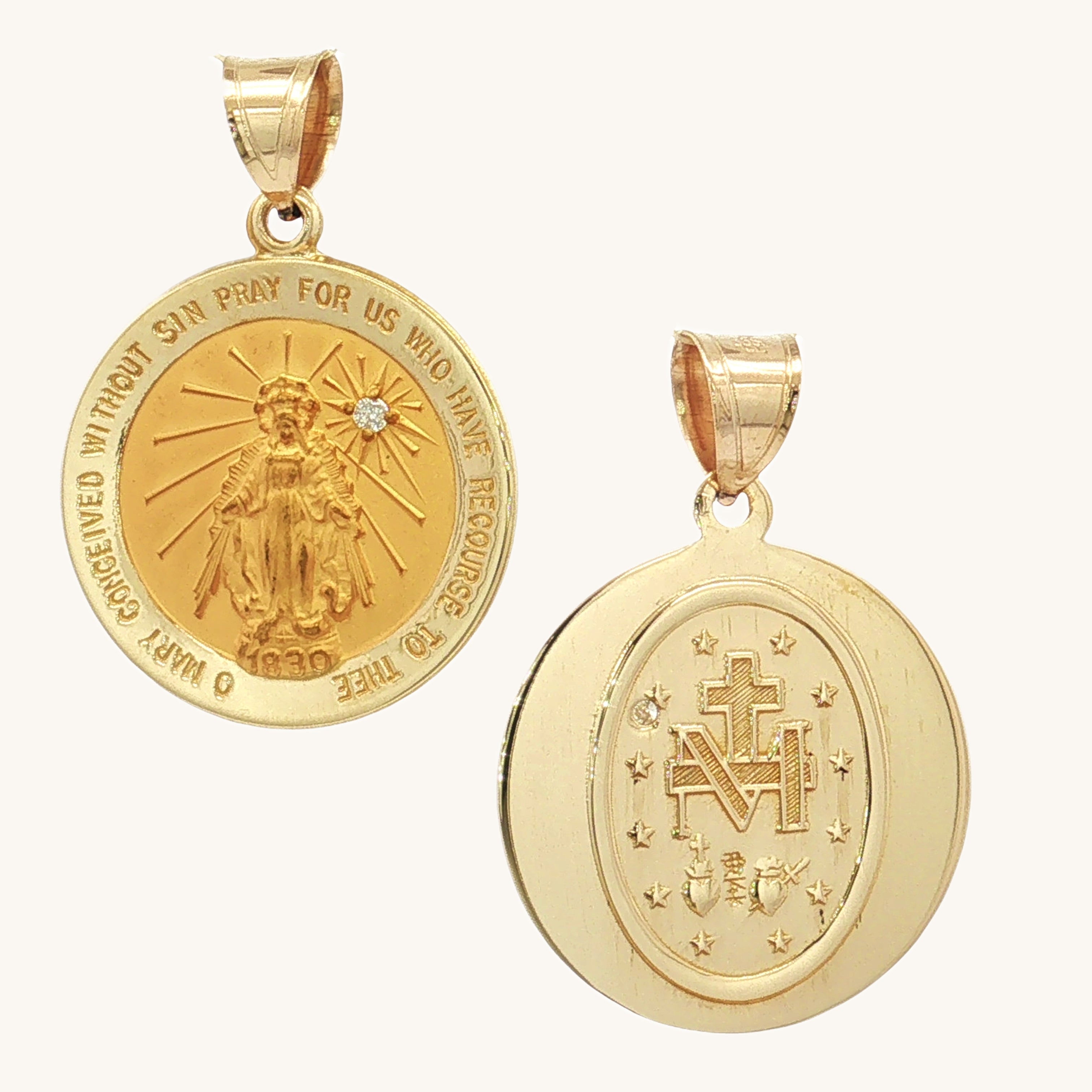 SOLID 14K GOLD DIAMOND MIRACULOUS MEDAL | ROUND