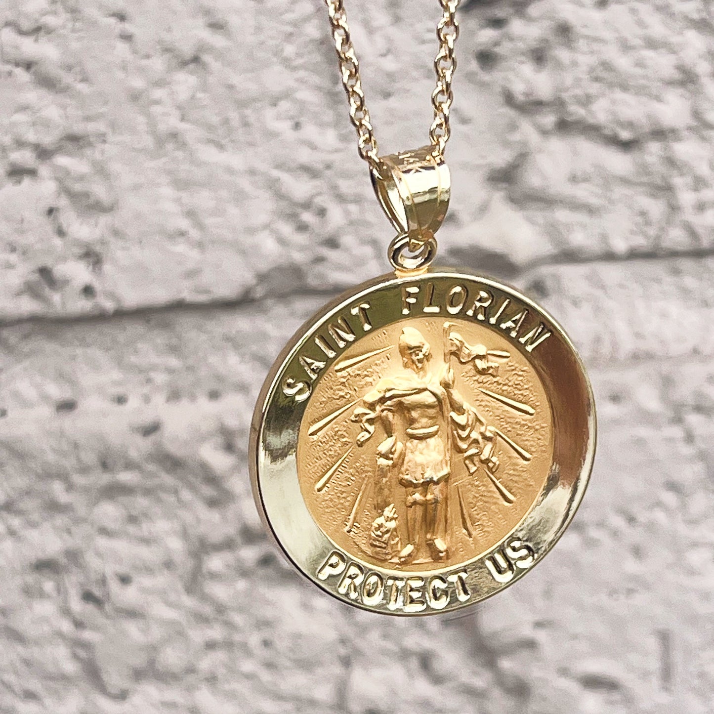 Solid 14K Double Bonded Gold Saint Florian pendant medal pendant only image size L (size of Nickel) M (size of Dime) lifestyle image