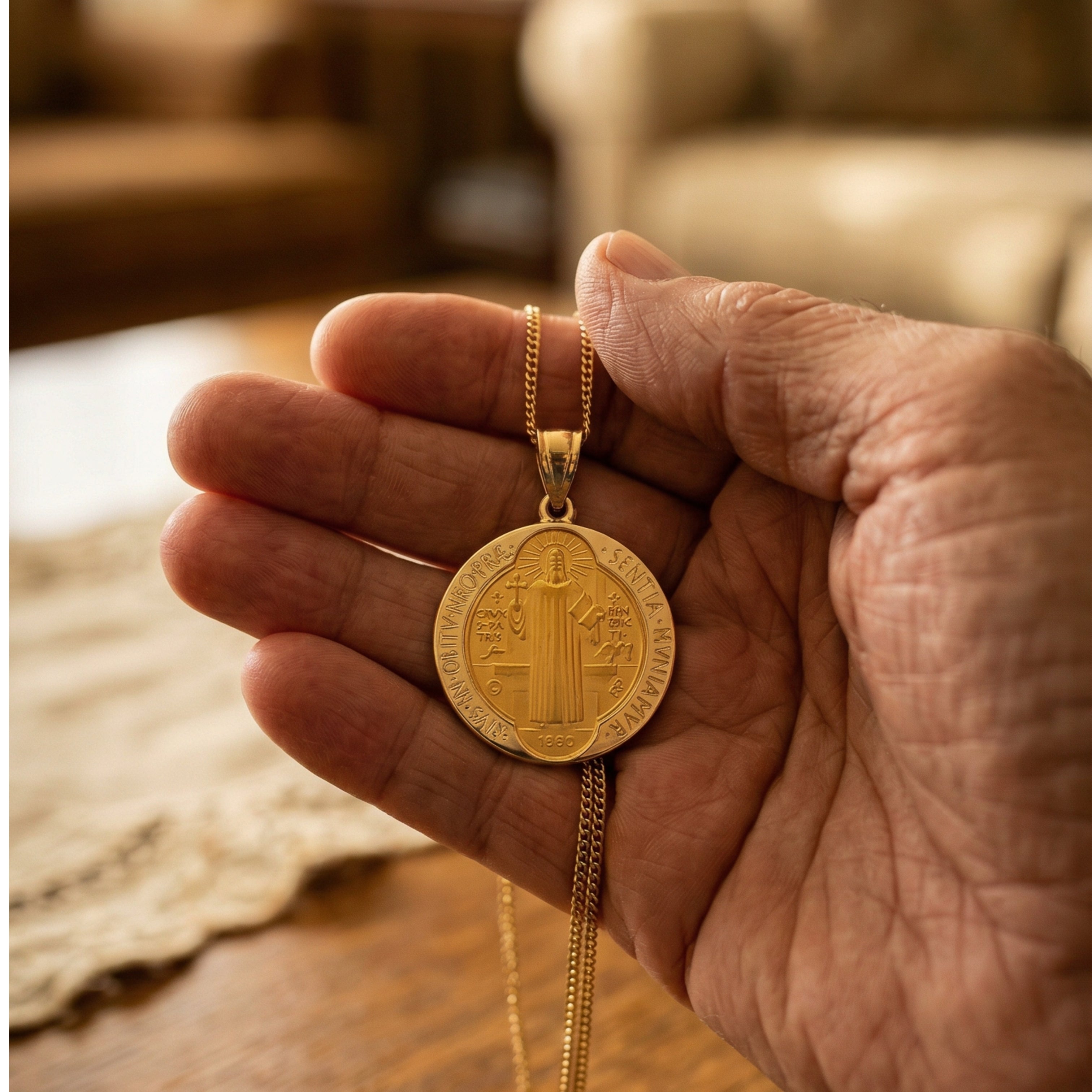 14K White Yellow Gold Saint Benedict medal Necklace L M S lifestyle in hands close up image