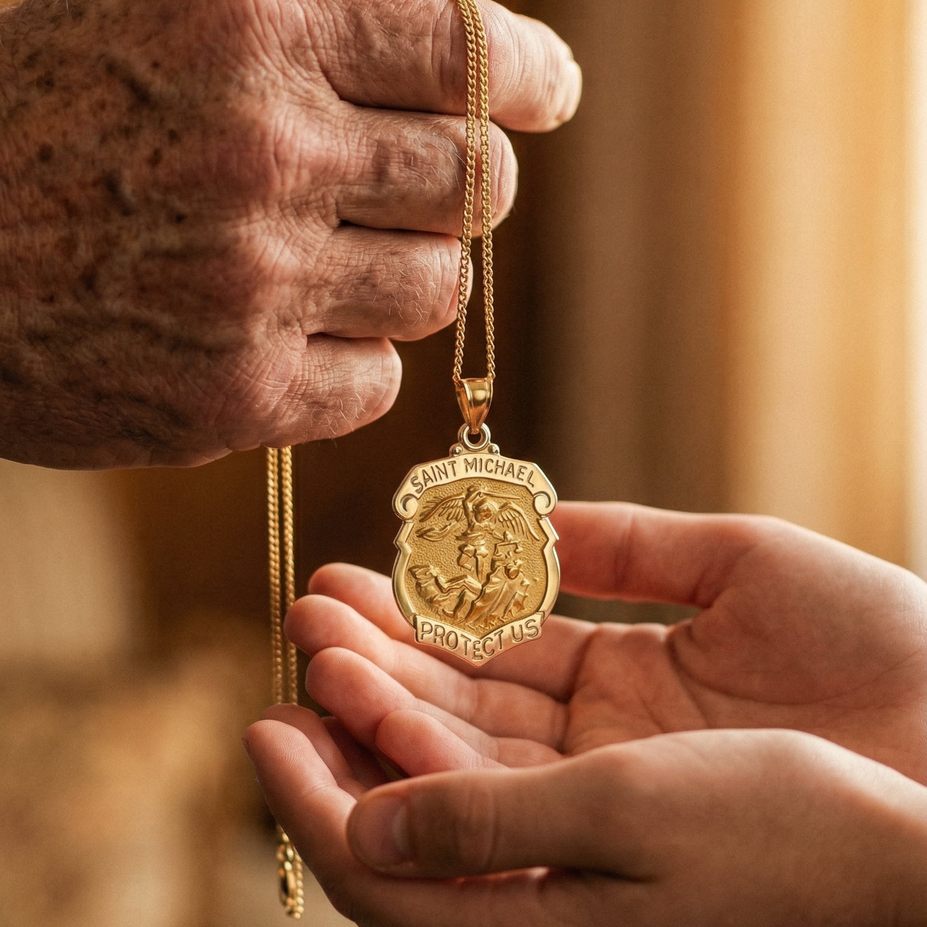 Solid 14K Double Bonded Gold Saint Michael Badge Shield medal on cable chain lifestyle passing down image
