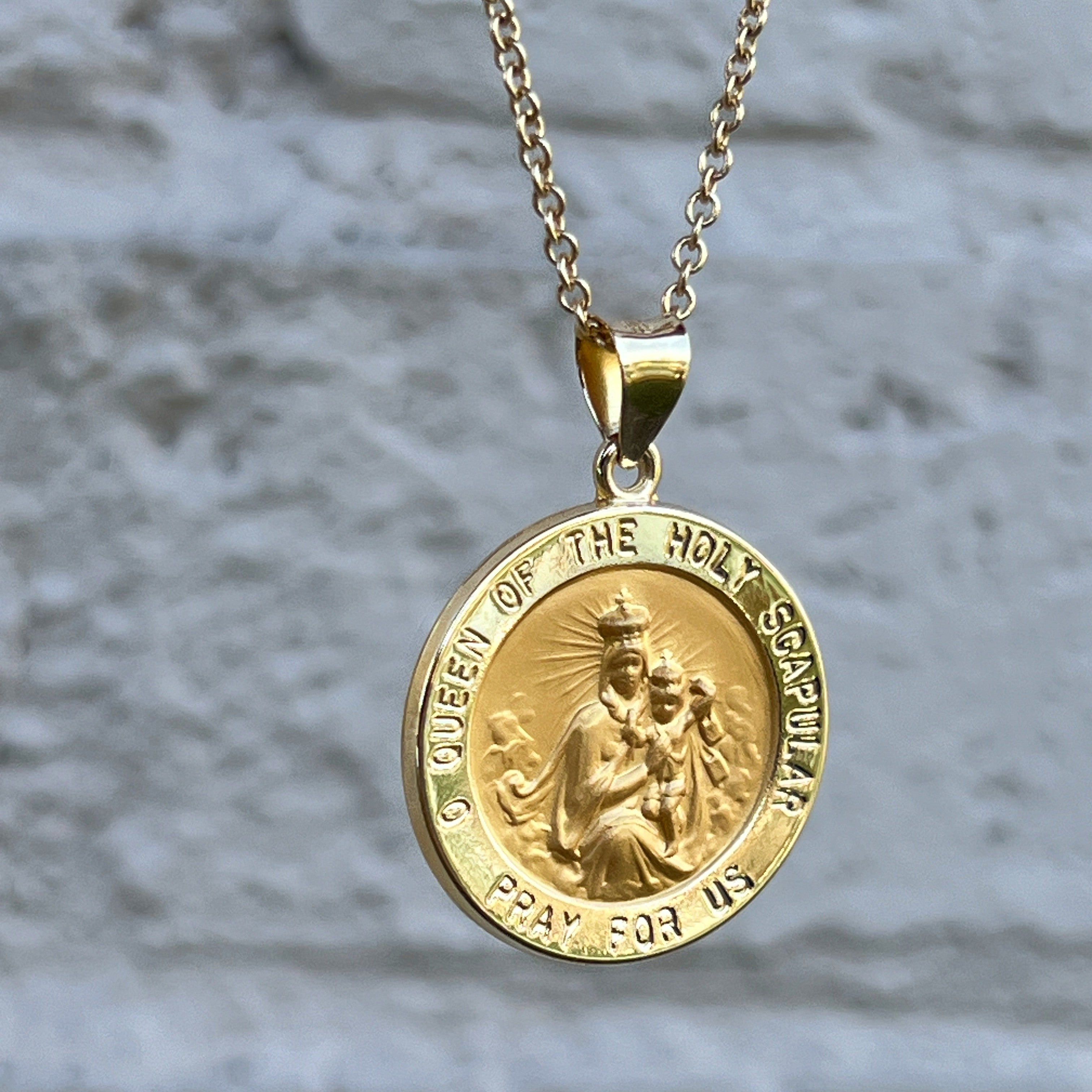 Gold Plated Sacred Heart Of Jesus / Our Lady Of Mt Carmel Scapular Medal With 20 Chain