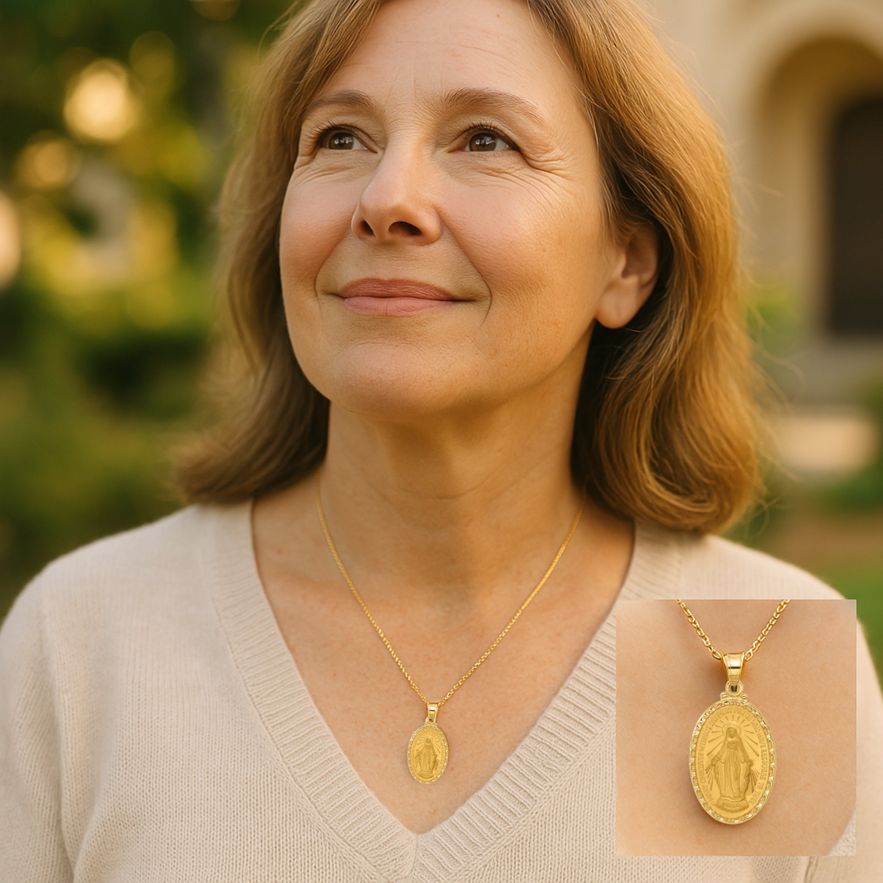 Solid 14K Yellow Gold Miraculous Virgin Mary medal pendant necklace two-sided XS S M L XL lifestyle image on woman