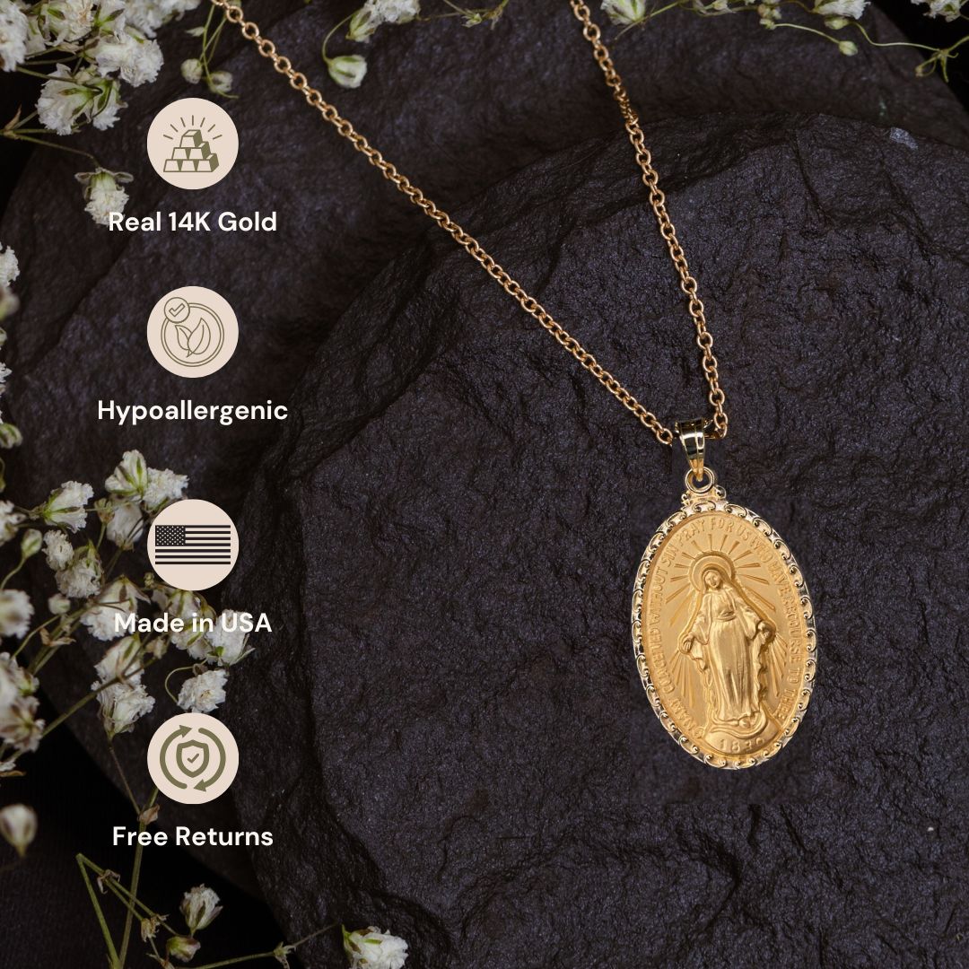 Solid 14K Yellow Gold Miraculous Virgin Mary medal pendant necklace two-sided XS S M L XL key benefits