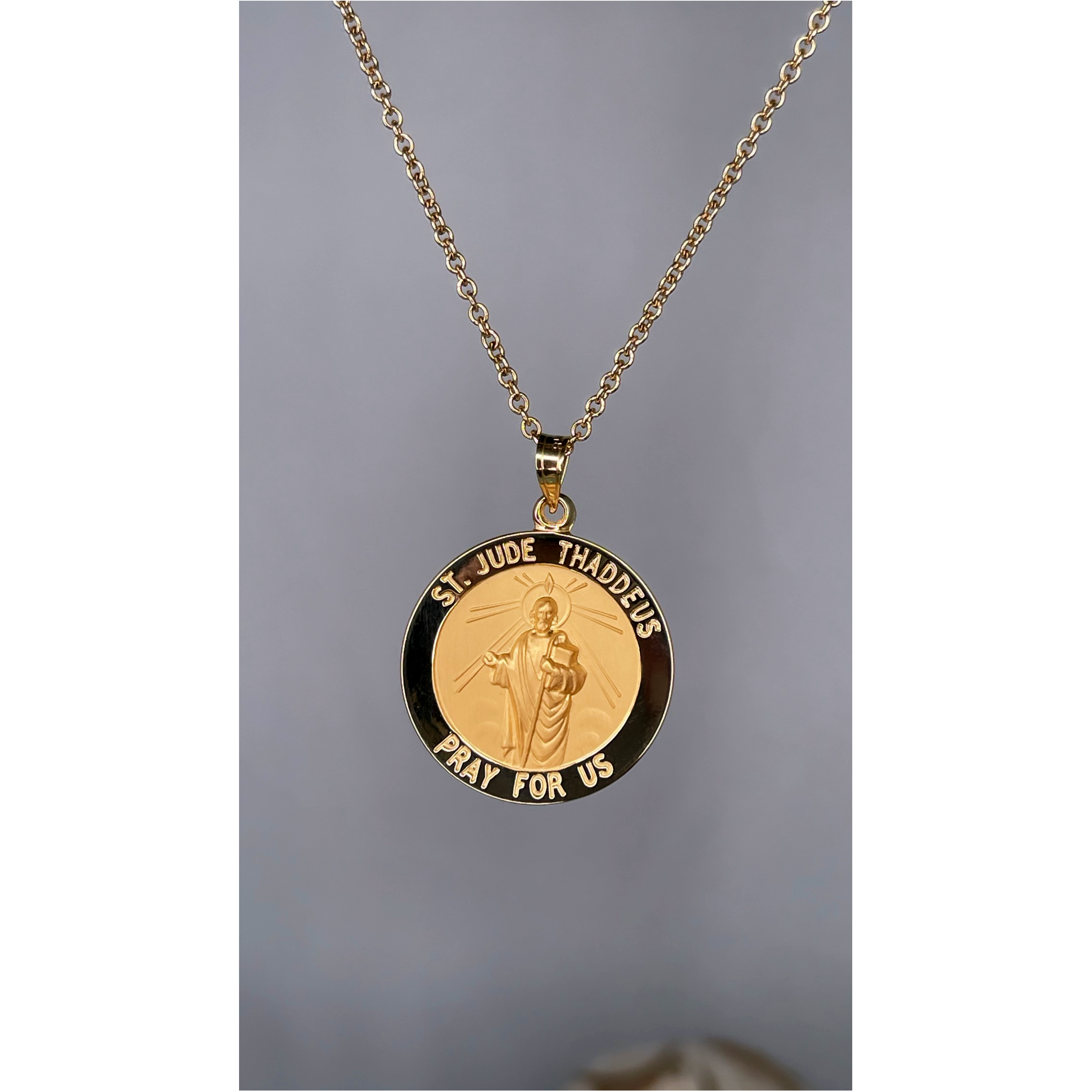 Solid 14K Double Bonded Gold Saint Jude Thaddeus pendant medal pendant only image size L (size of Nickel) M (size of Dime) lifestyle image