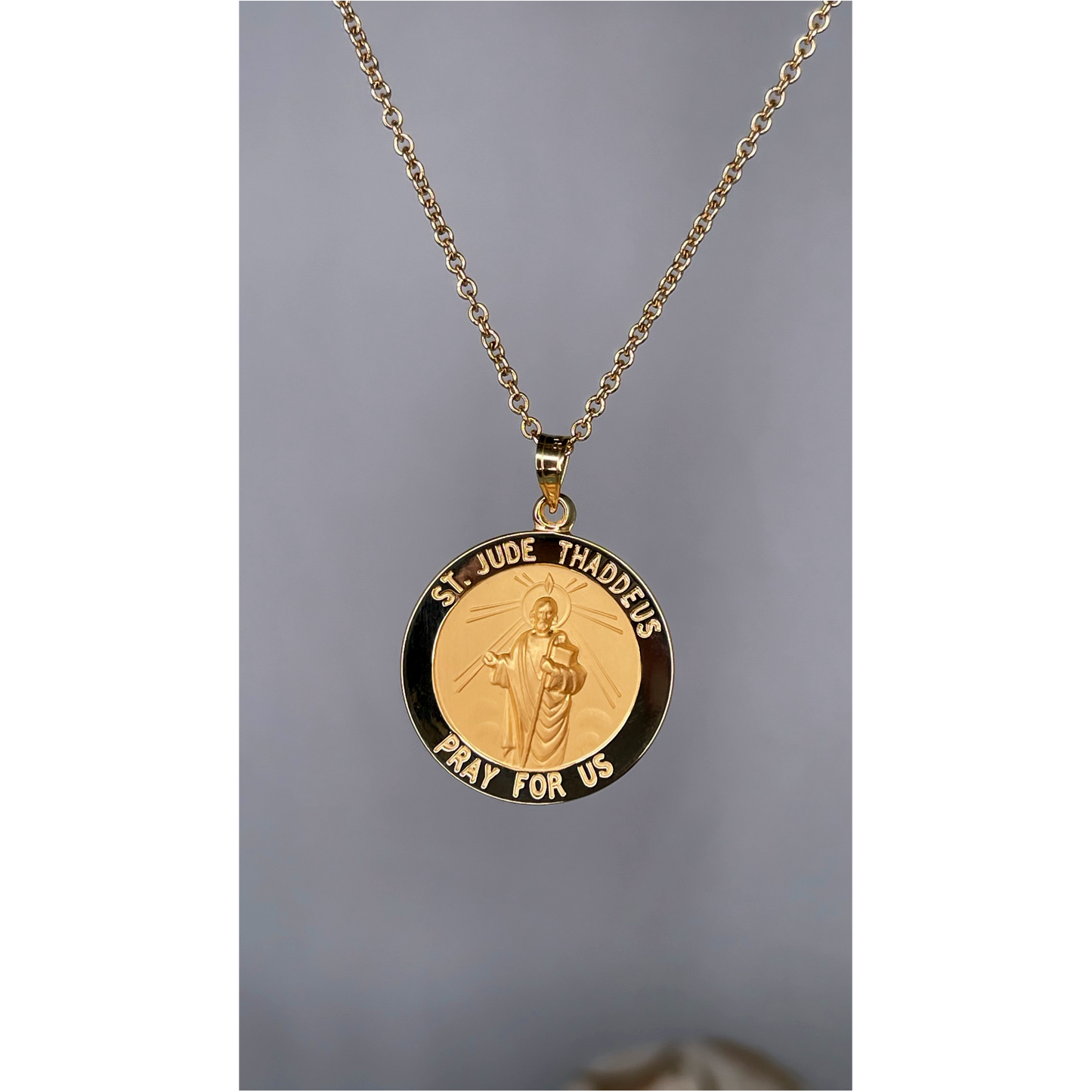 Solid 14K Double Bonded Gold Saint Jude Thaddeus pendant medal pendant only image size L (size of Nickel) M (size of Dime) lifestyle image