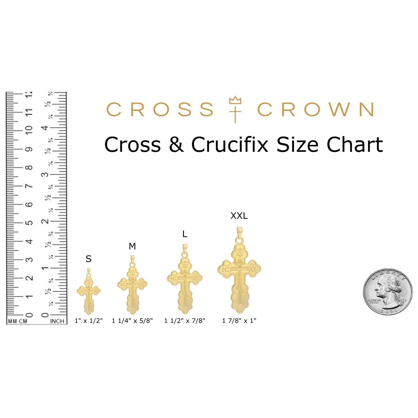 size_chart 14K Yellow White Gold Orthodox Cross XXL L M S