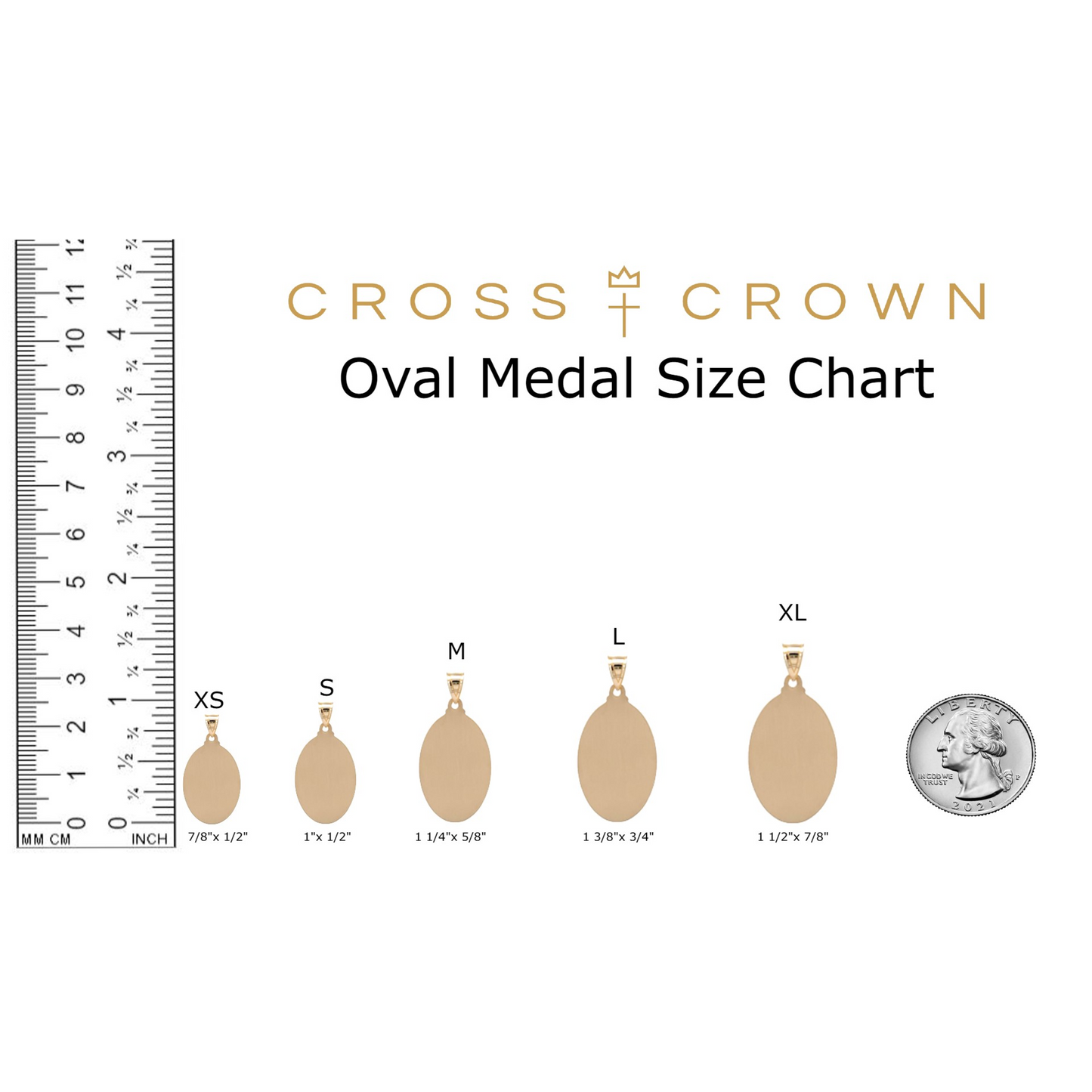 size_chart 14K Double Bonded Gold Miraculous Virgin Mary oval medal necklace on cable chain main image S XL Pendant + 22" Rope Chain, Pendant + 22"Cable Chain, Pendant + 20-22" Paperclip Chain, Pendant + 16-18" Paperclip Chain, Pendant Only