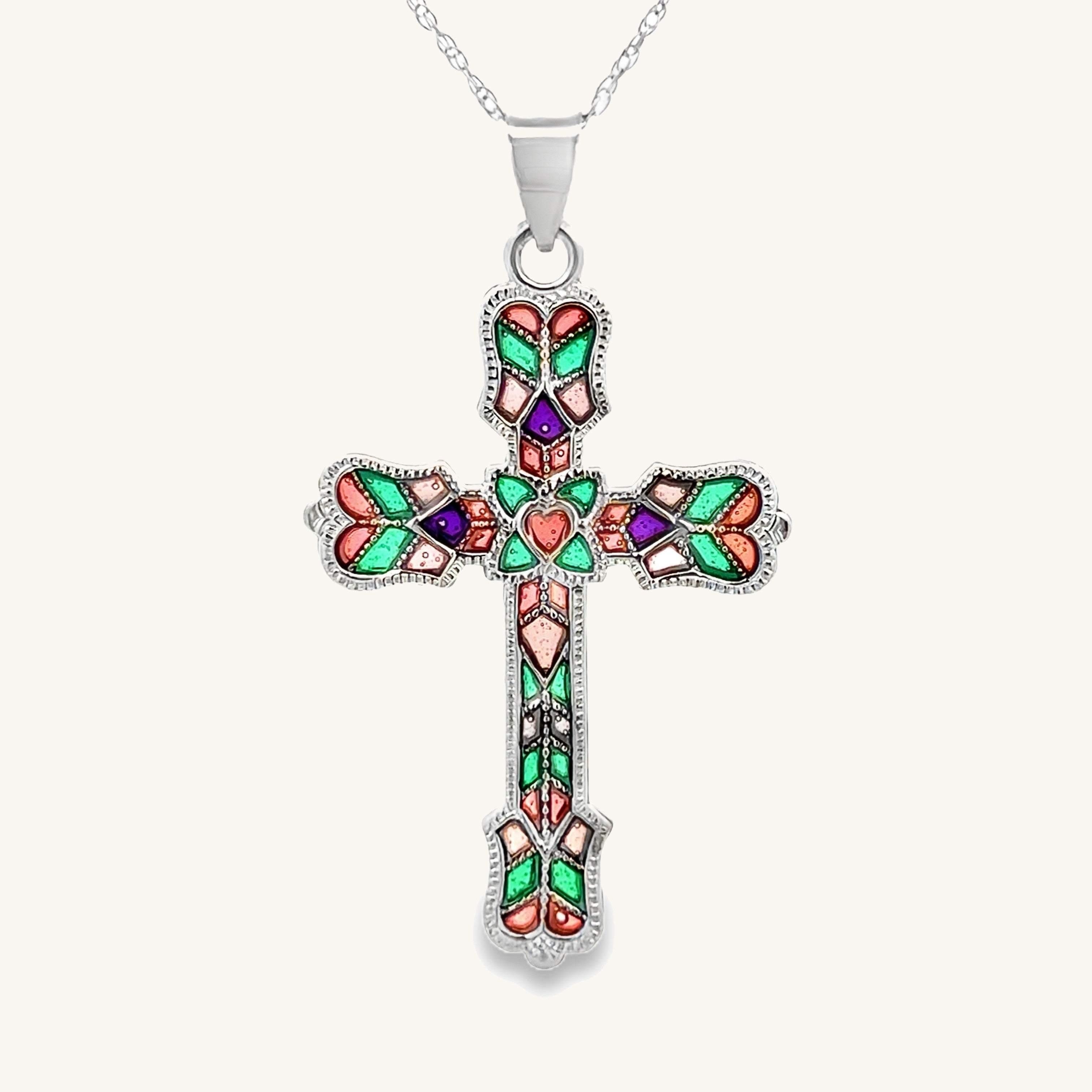 925 Sterling Silver Bright Silver XL Plique a Jour Multicolor Cross Necklace front image