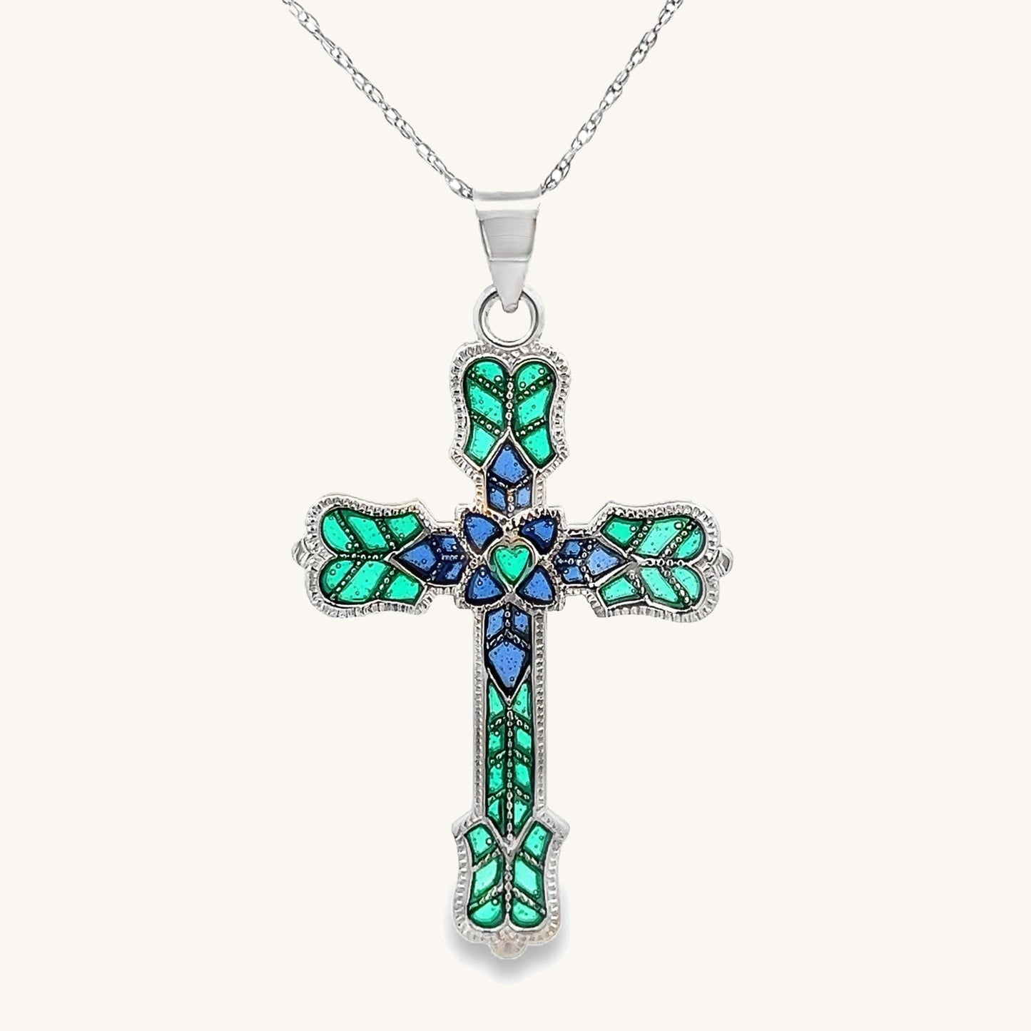 925 Sterling Silver Bright Silver XL Green Plique a Jour Cross Necklace front image