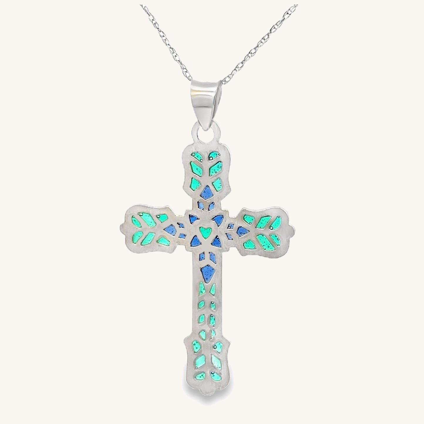 925 Sterling Silver Bright Silver XL Green Plique a Jour Cross Necklace back image