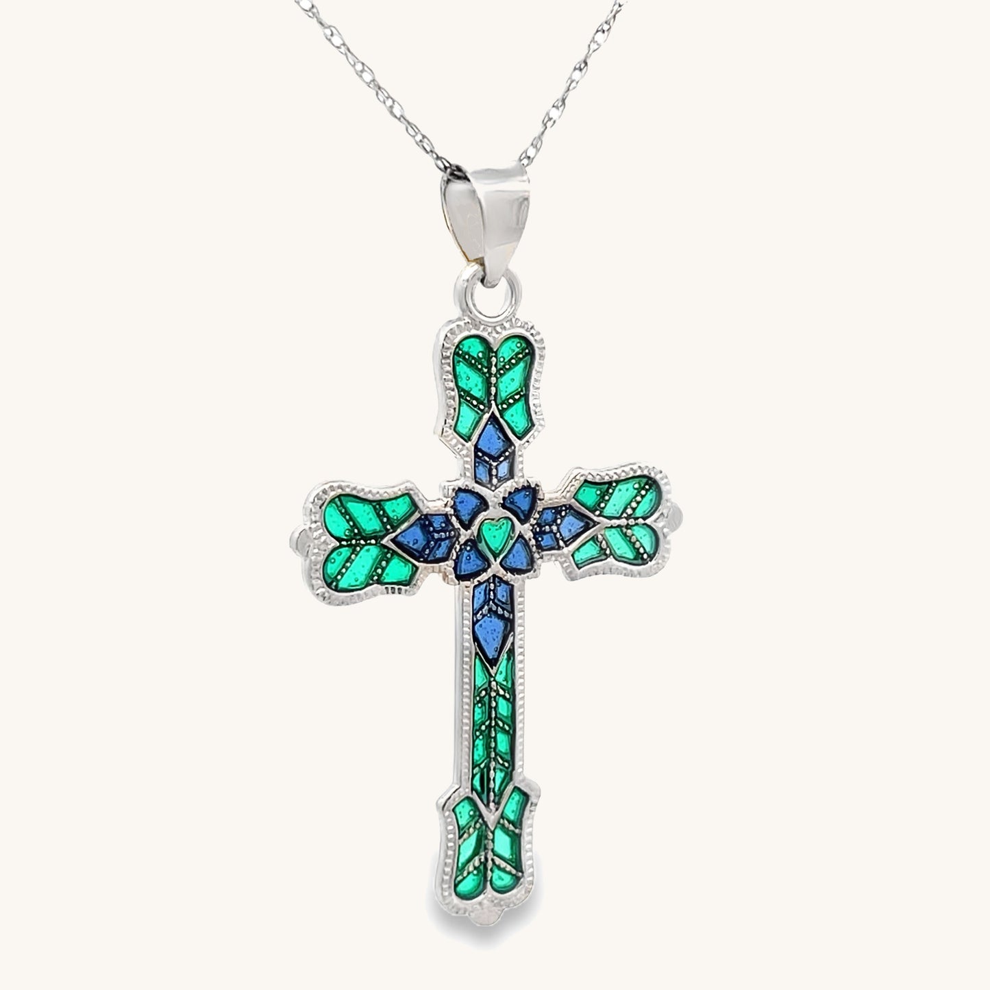 925 Sterling Silver Bright Silver XL Green Plique a Jour Cross Necklace angle image