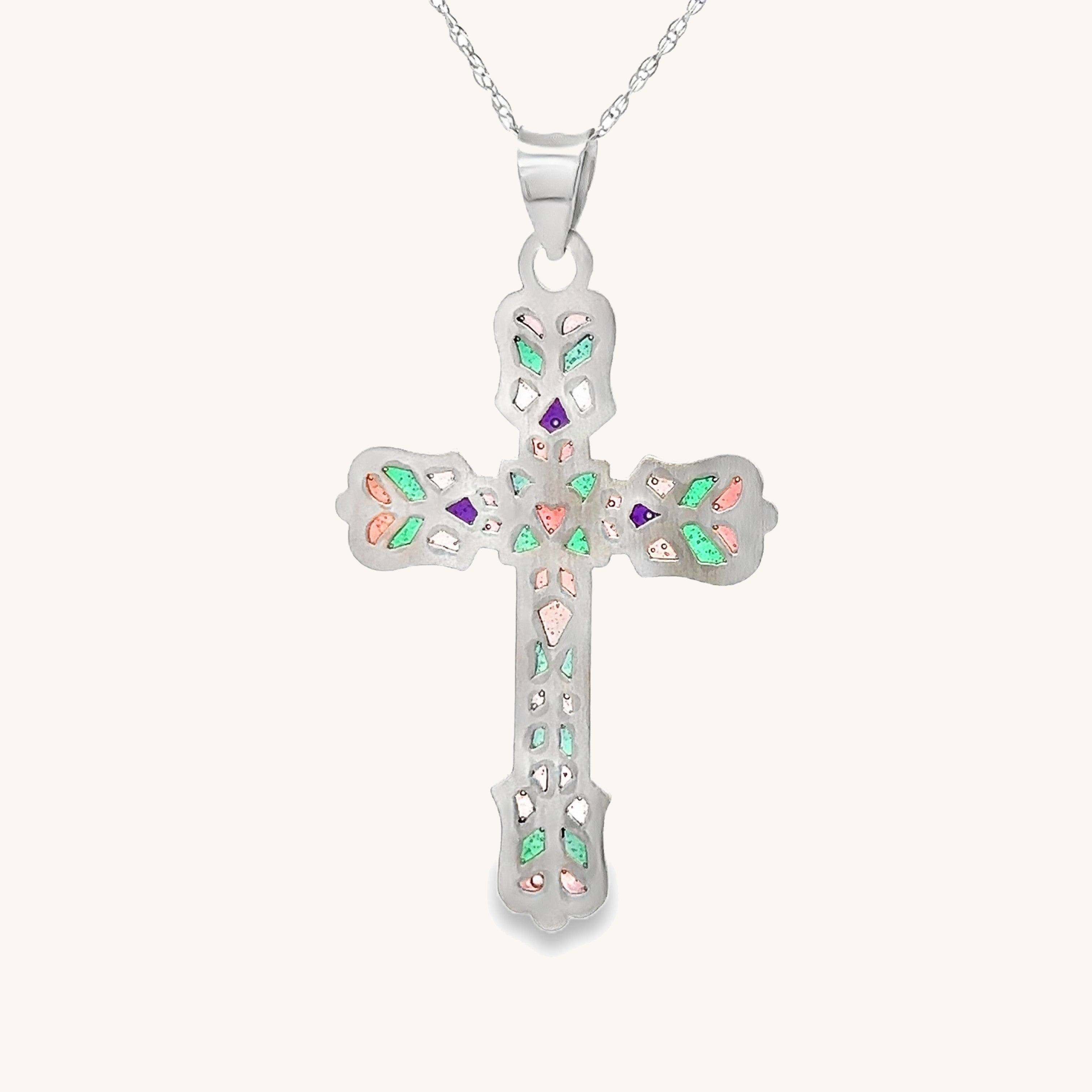 925 Sterling Silver Bright Silver XL Plique a Jour Multicolor Cross Necklace back image