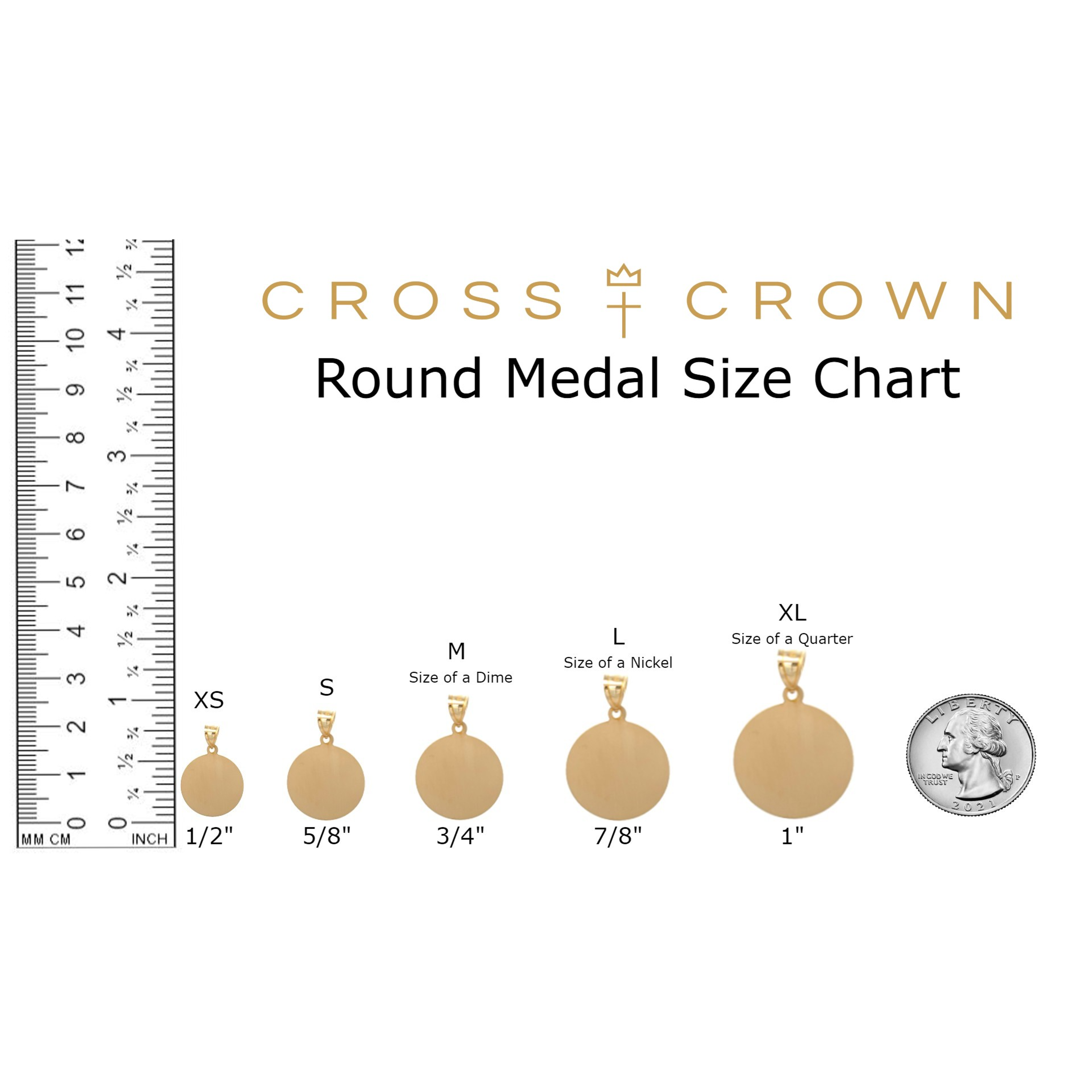 size_chart Solid 14K Double Bonded Gold Saint Benedict pendant medal size L (size of Nickel) M (size of Dime)