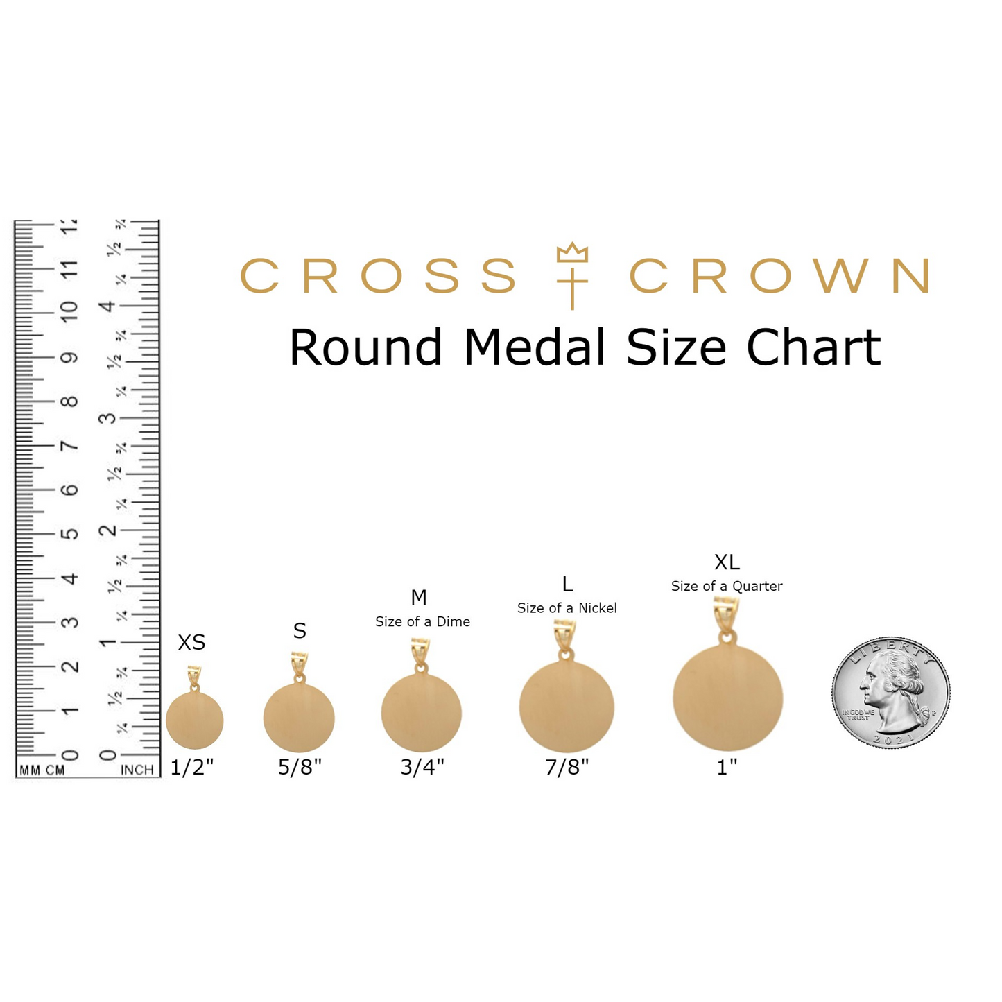 size_chart Solid 14K Double Bonded Gold Saint Benedict pendant medal size L (size of Nickel) M (size of Dime)