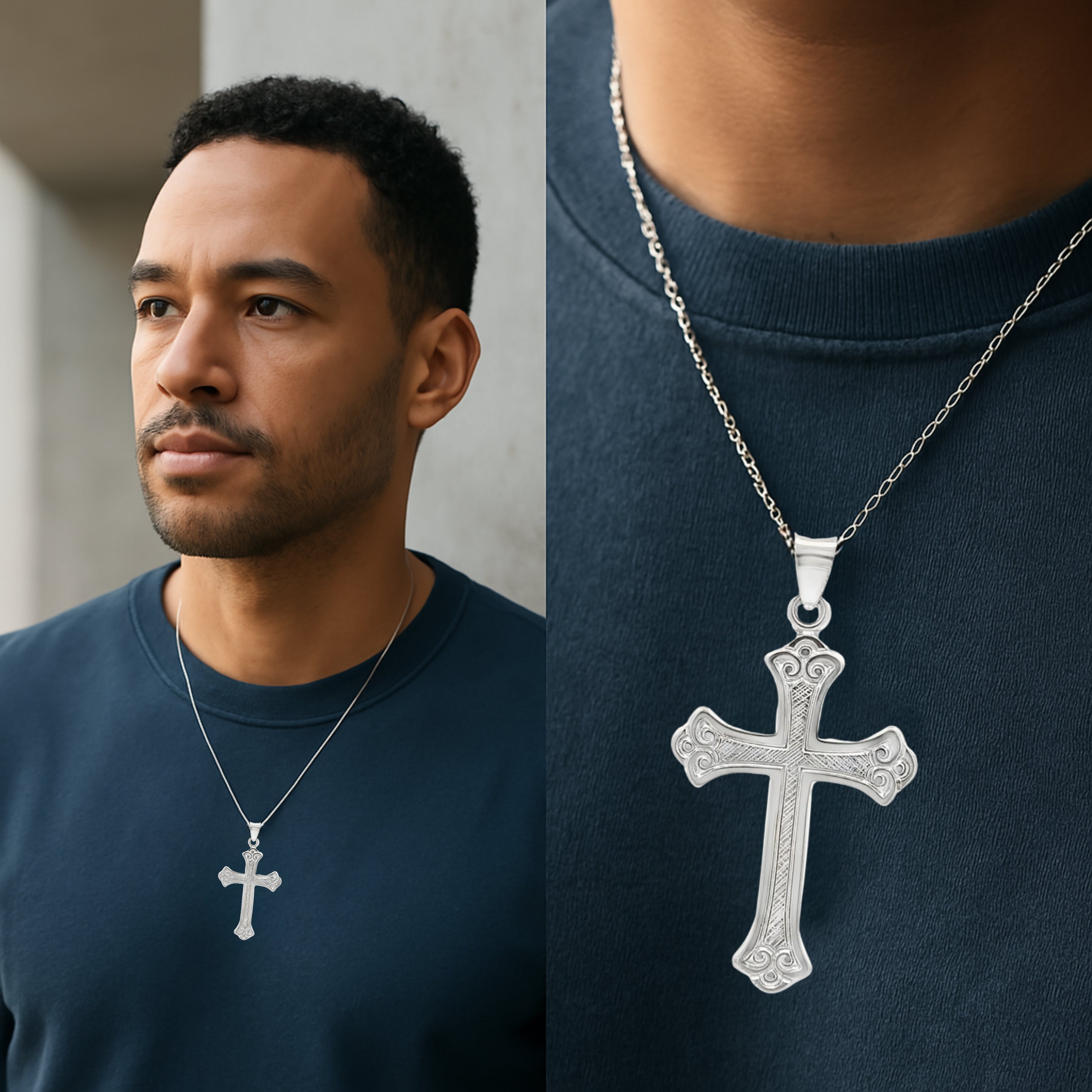 925 Antiqued Silver Bright Silver Design Cross XXL XL L M S lifestyle man wearing cross on chain